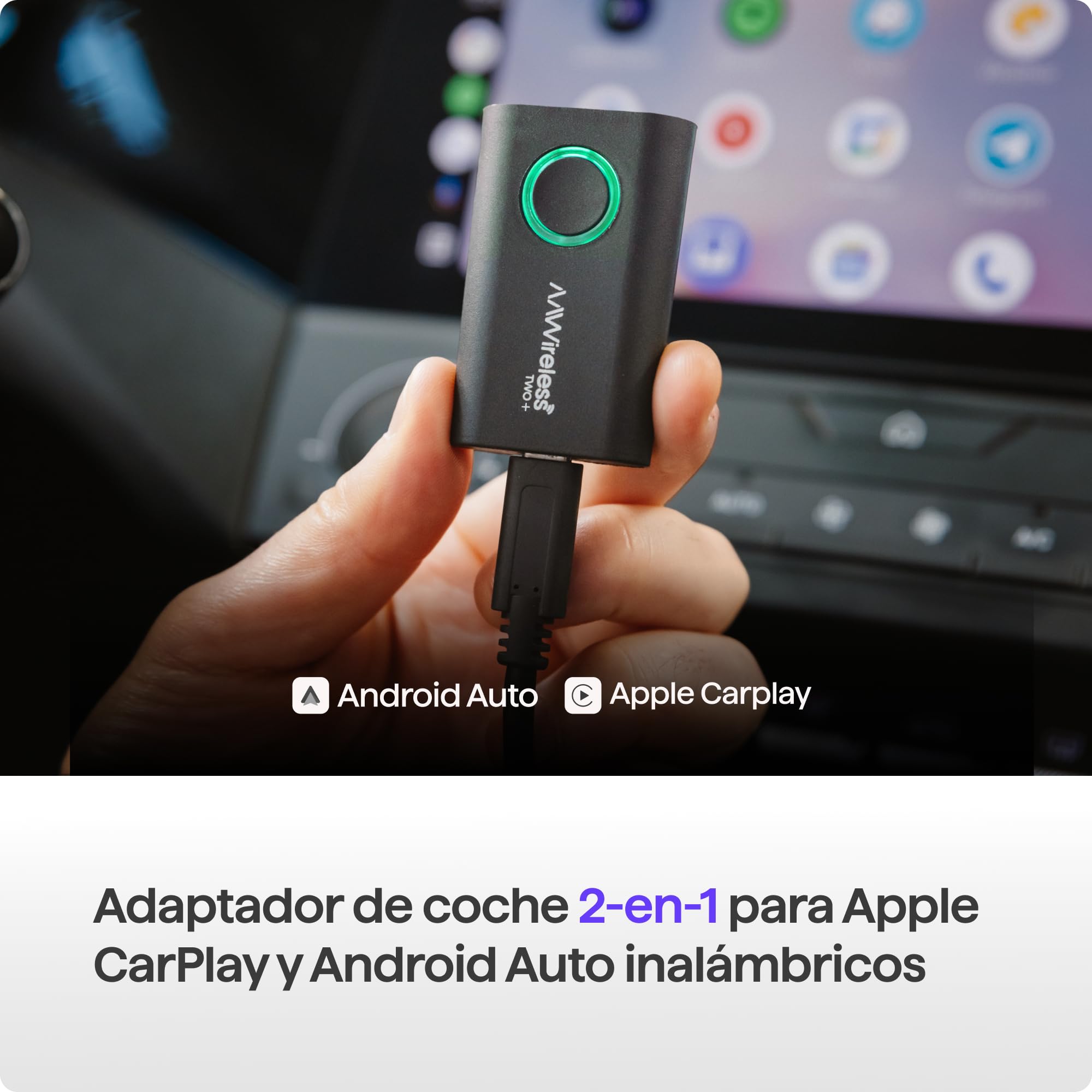 AAWireless Adaptador 2 en 1 para Android Auto y Apple Carplay, conexión inalámbrica a través de Bluetooth y WiFi, apto para iOS 10+ y Android 11+, botón multifuncional, fabricado en Europa