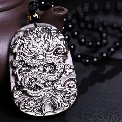 Crystal Natural Black Obsidian Dragon Necklace Amulet Pendant Bead with Adjustable Chain