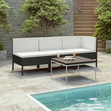 Patio Outdoor Rattan Chairs, Wicker Chair Conversation, Garden Backyard Balcony Porch Poolside Furniture Sets 3 Piece Garden Lounge Set with Cushions Poly Rattan Black