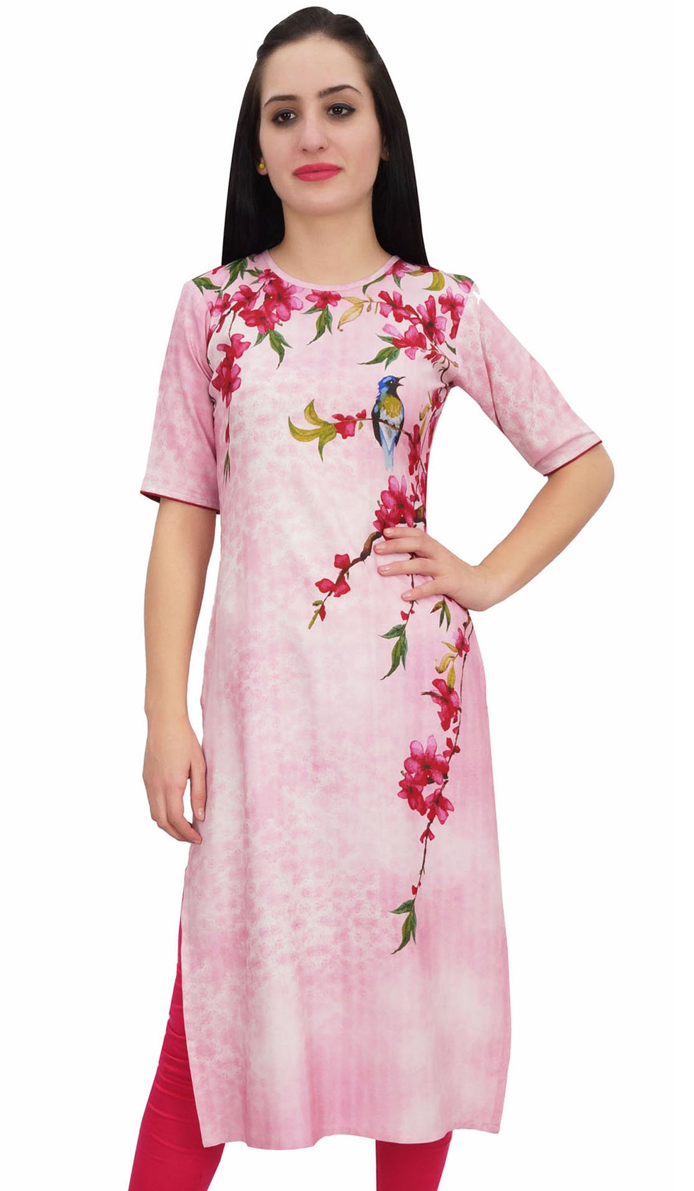Bimba Indian Summer Tunic Women's Kurti Rayon Pink Printed Kurta Long Blouse-20
