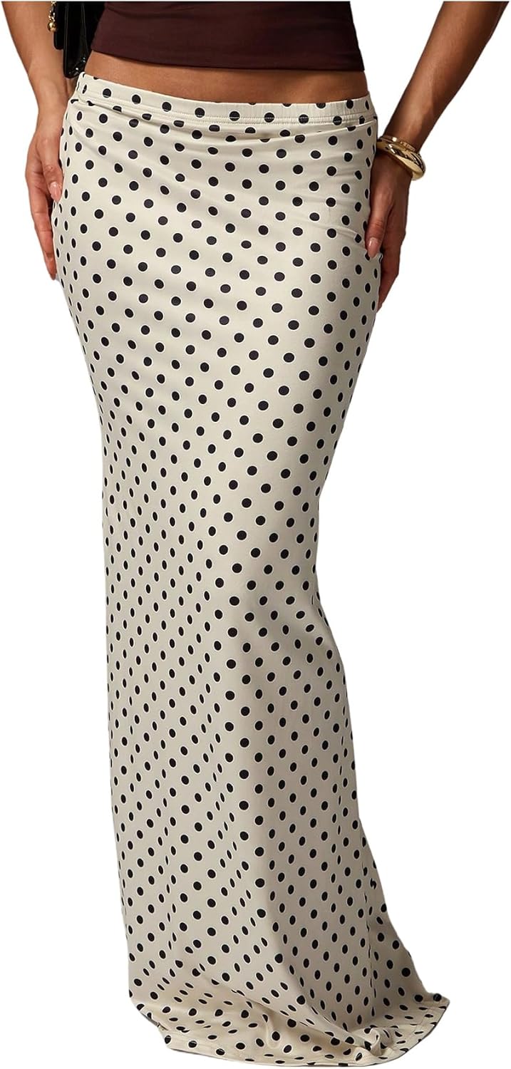 SweatyRocks Women's Polka Dots Bodycon Maxi Skirt Elegant Low Waist Fishtail Skirts