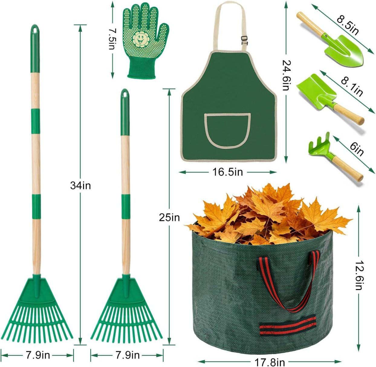 34" Kids Adjustable Leaf Rake Set 10 Pack with 3 Shovels & Leaf Bag image 5