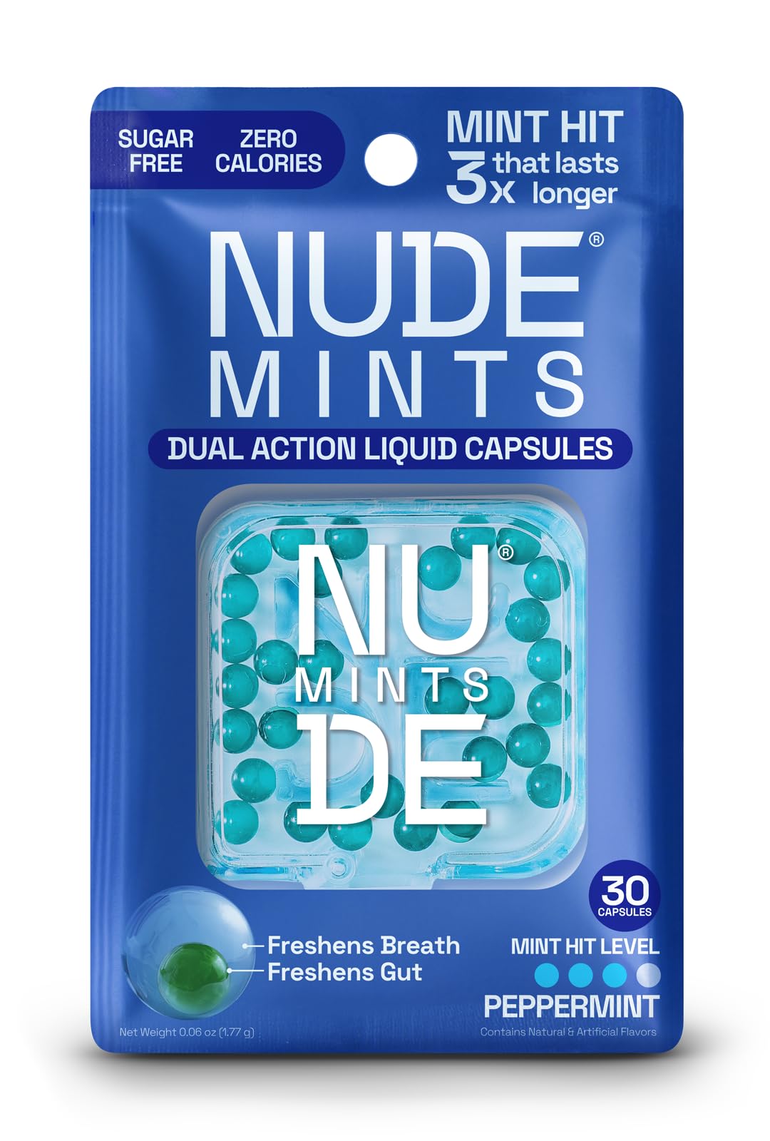 NUDEMINTS | Dual Action Liquid Capsules | Mouth Watering Mint - Lasts 3X Longer - 3X Stronger - Extreme Bad Breath Treatment For Adults - Sugar Free, 0 Calorie - Peppermint - 5 Pack - 150 Capsules
