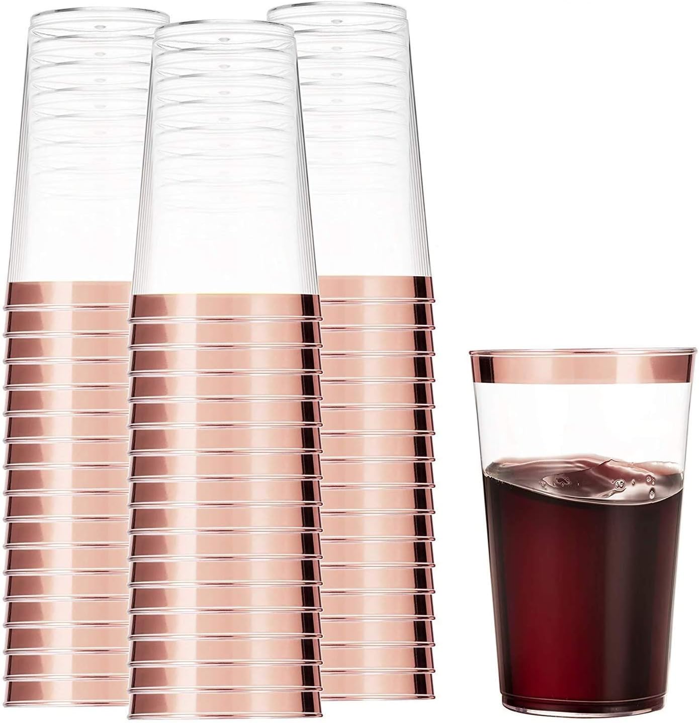 Munfix 100 Rose Gold Plastic Cups 16 Oz Clear Plastic Cups Tumblers Rose Gold Rimmed Cups Fancy Disposable Wedding Cups Elegant Party Cups with Rose Gold Rim