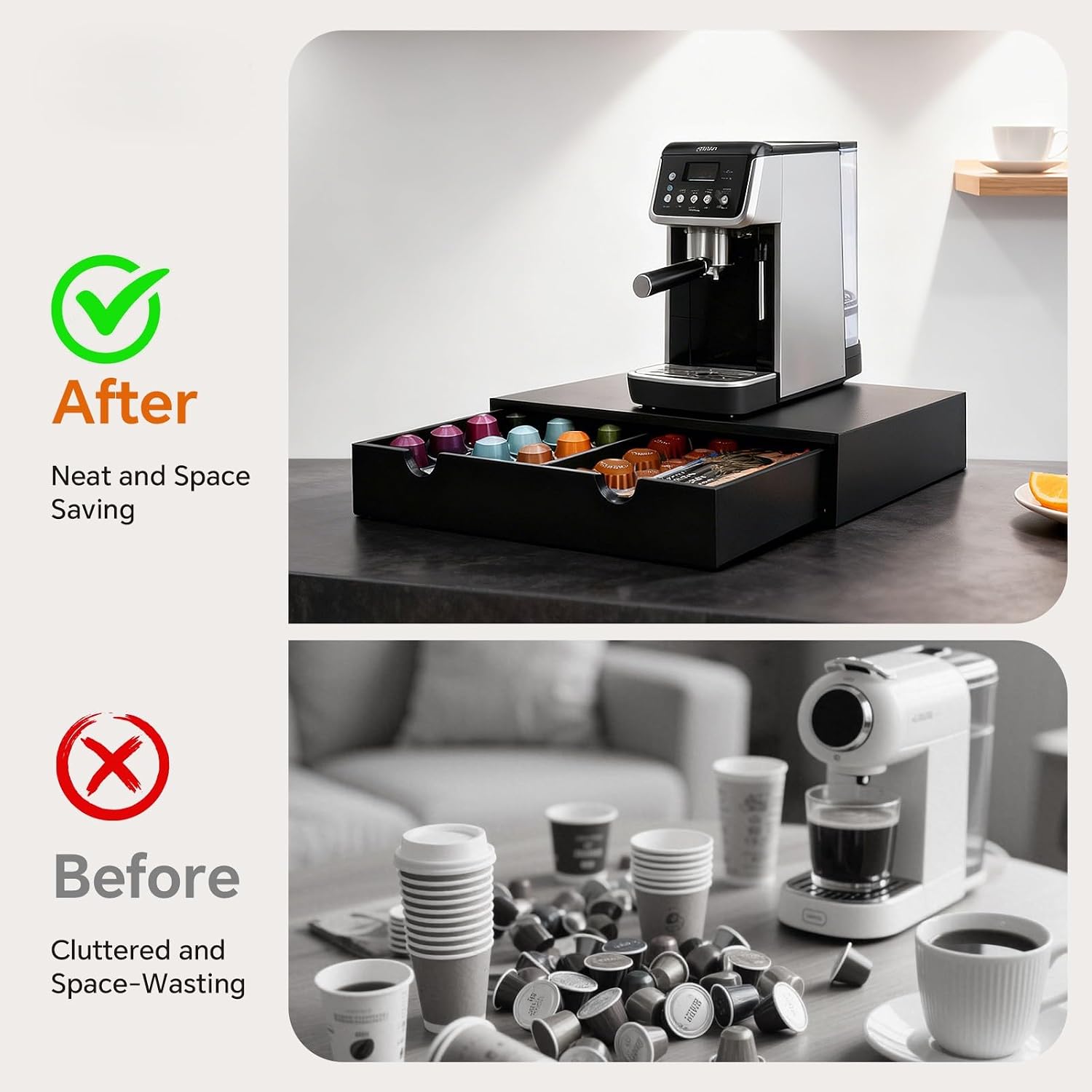 Wooden Coffee Pod Drawer, Compatible with K-Cup and Nespresso Vertuo Pods