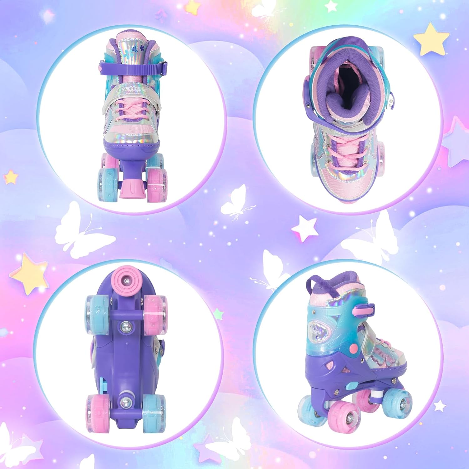 Nattork Kids Roller Skates for Girls Boys Kids, 4 Sizes Adjustable Quad Skates Butterfly and Flower with All Light up Wheels - Birthday Gift for Indoor Outdoor Sports