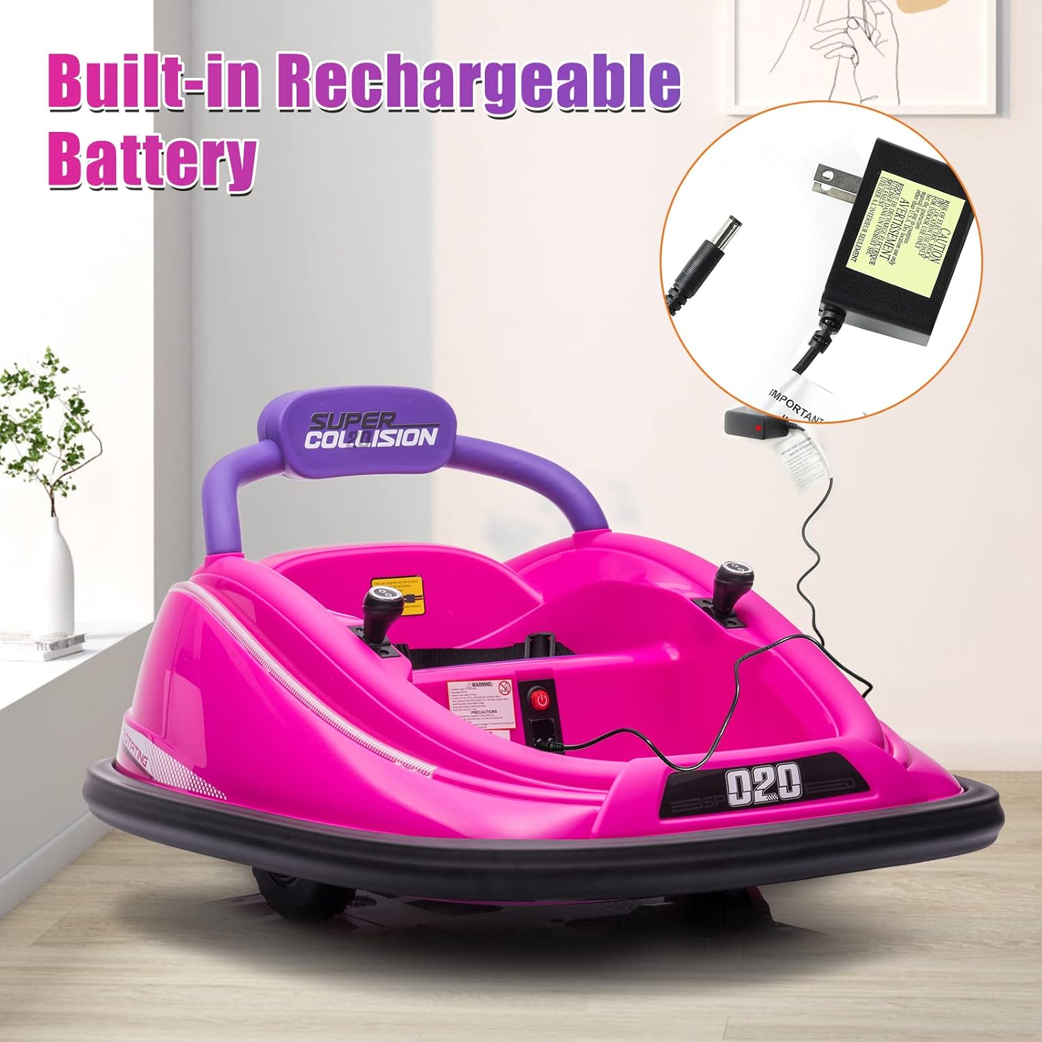 Kids Ride on Bumper Car with Remote Control, 12V Electric Car for Girls, Music, LED Lights & 360 Degree Spin, 2-Speed, Ages 1.5-8 Years Old, Pink Electric Kid's Vehicle for Birthday Gifts