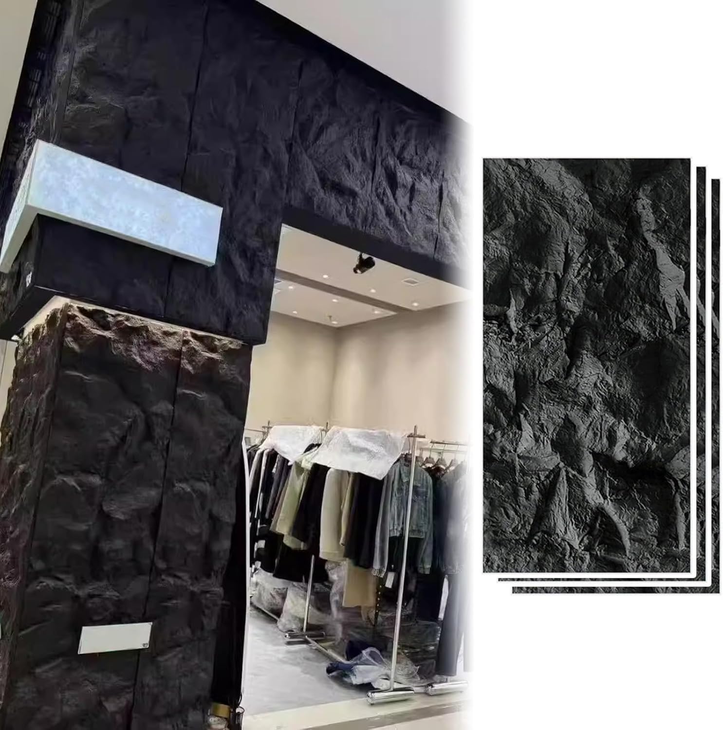 Panel de Pared 3D de Piedra Artificial - Revestimiento de Pared de PU Impermeable for Interior y Exterior, 120 x 60 cm, Negro(3 Pack)