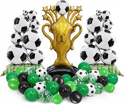 Soccer World Cup Party Decorations Set - 33PCS Football Balloon Kit with 2 Standing Soccer Clusters, 59" Gold Trophy Foil Balloon & 30 Latex Balloons for Boys Sports Birthday, Big Game Party Supplies