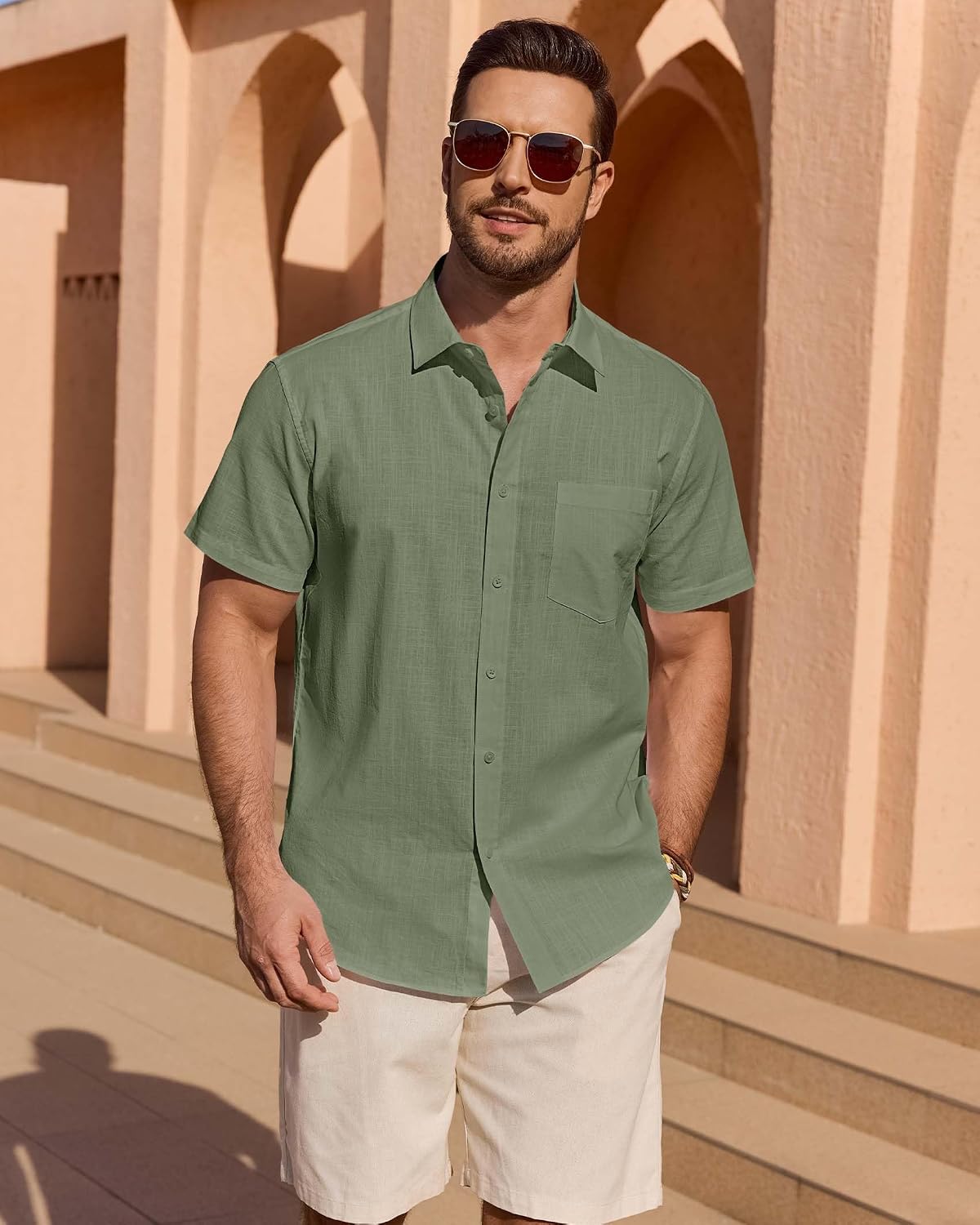 Linen Shirts for Men Short Sleeve Button Down Casual Shirt Cotton Beach Summer Collared Top with Pocket