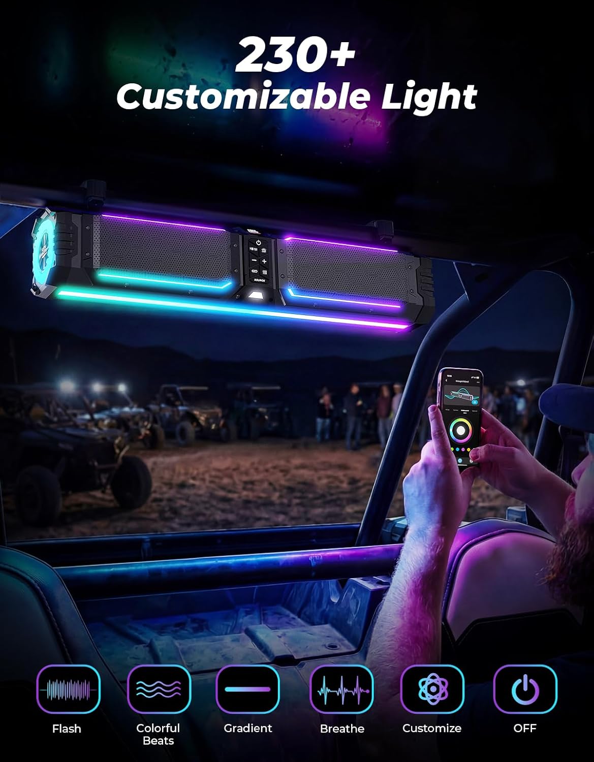 KEMIMOTO Midnight 70Gen2 28-inch 8 Speaker UTV Sound Bar, IP66 Water Resistant Golf Cart Sound Bar Speaker System with RGB, SxS Soundbar Compatible with Polaris RZR Can-Am