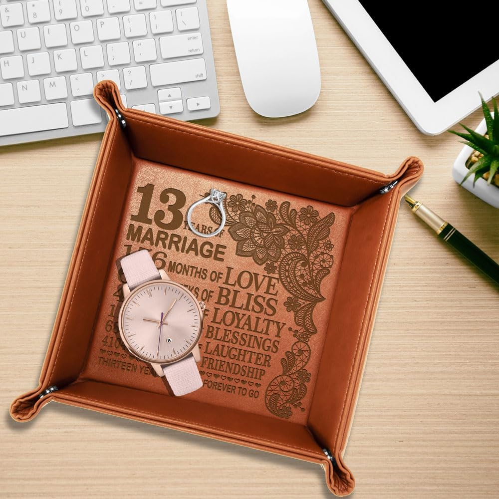 13 Years Anniversary Engraved Leather Tray, Traditional Lace Anniversary, 13 Years Together as Husband and Wife, Boyfriend and Girfriend. Couples Gifts.
