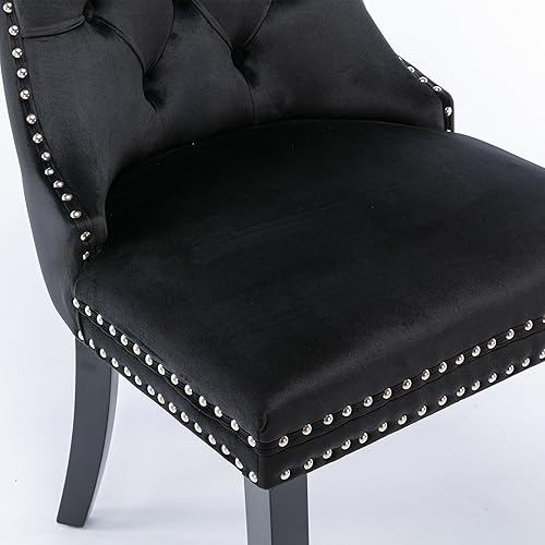 Miniatura 7 de Juego de 2 sillas de comedor, modernas sillas de comedor tapizadas de terciopelo con patas de madera y ribete de cabeza de clavo, respaldo