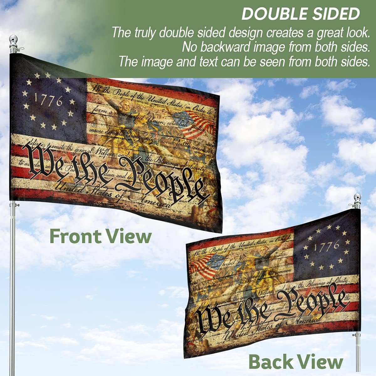 We The People Flag, USA Flag, Vintage American History 1776 2-Sided House Flag With Grommets 30" x 40" (2.5x3.3 ft)