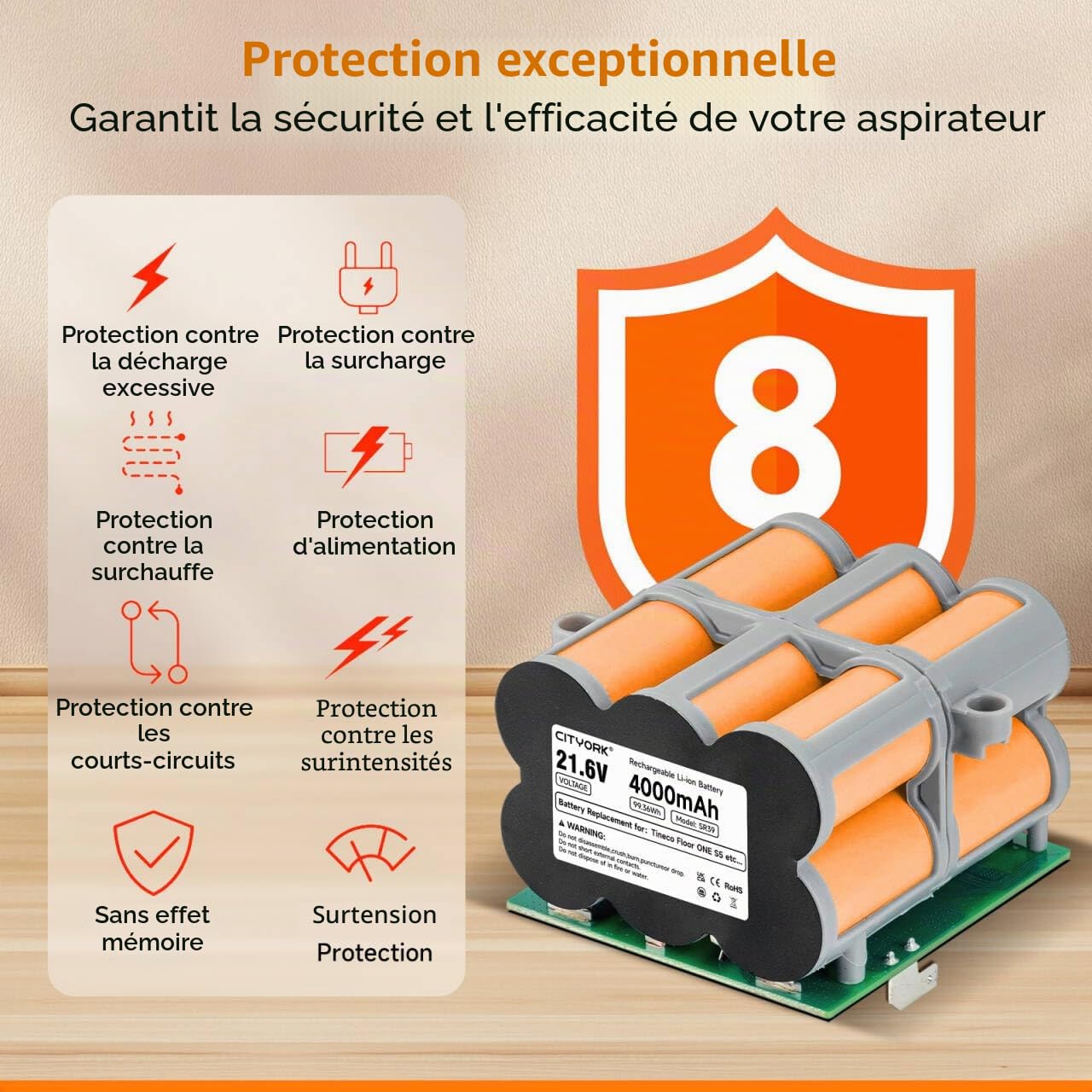 21.6V Aspirateur Laveur Batterie de Rechange pour Tineco Floor One S5 / S5 Pro / S5 Pro 2 / S5 Smart / S5 Steam/ S5 Combo /S5 Extreme/S5 Intelligent - Longue durée(1 Batterie + 1 Pinceau + Ruban 3M)