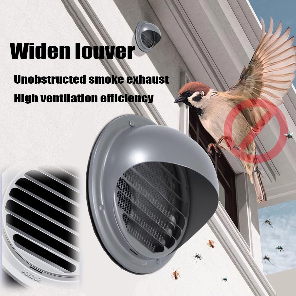 Soffit Vent Cover Air Valve Grill Cover Air Vent Built in Screen Mesh Stainless Steel Air Outlet Vents for Wall, Bathroom, Garage, Ducting Ventilation(Black,19cm/7.6in)