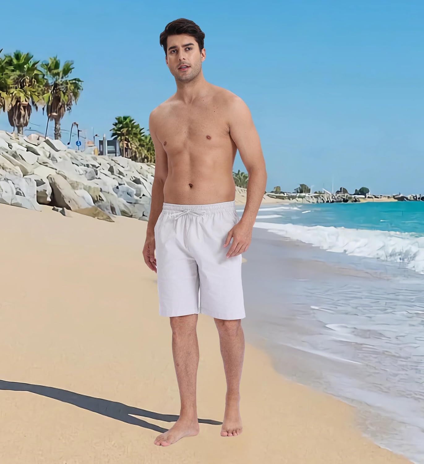 Men's Stretch Cotton Linen Shorts Casual Drawstring Relax Fit Elastic Waist Summer Beach Linen Shorts