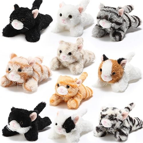 Miniatura 8 de Juego de 10 animales de peluche de gato a granel, suaves y mullidos, varios gatos de peluche para fiestas de cumpleaños, regalo de Halloween,