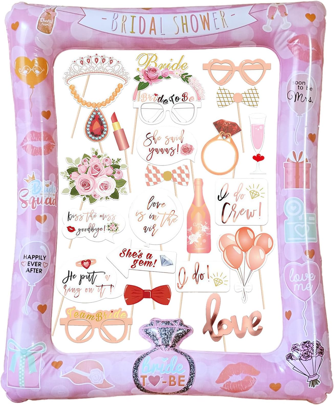 YiiiGooodJGA Photo Box Team Bride 23pcs Photo Booth Props Inflatable Photo Frame Photo Accessories for Hen Night Pink