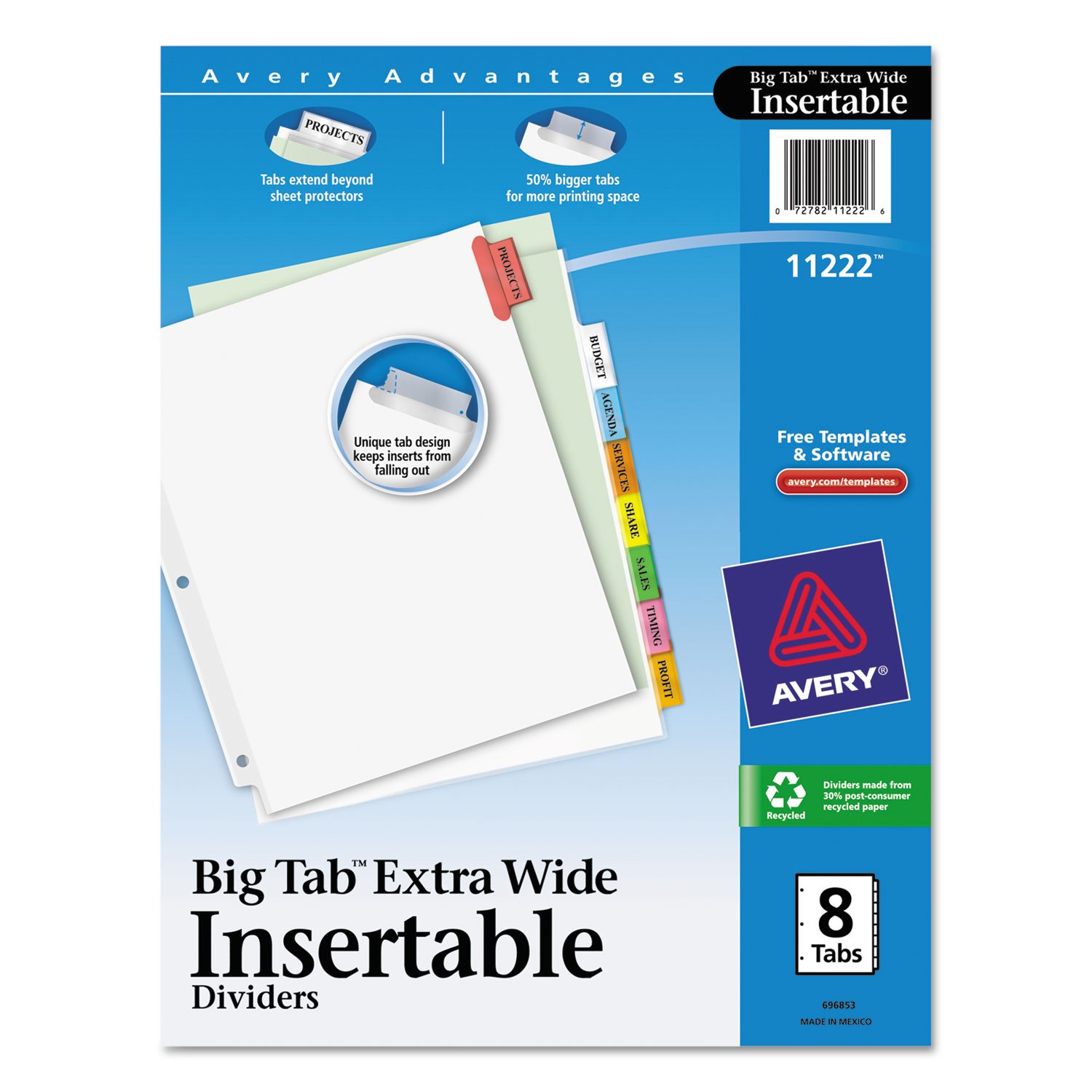 Avery 11222 Insertable Big Tab Dividers, 8-Tab, 11 1/8 x 9 1/4