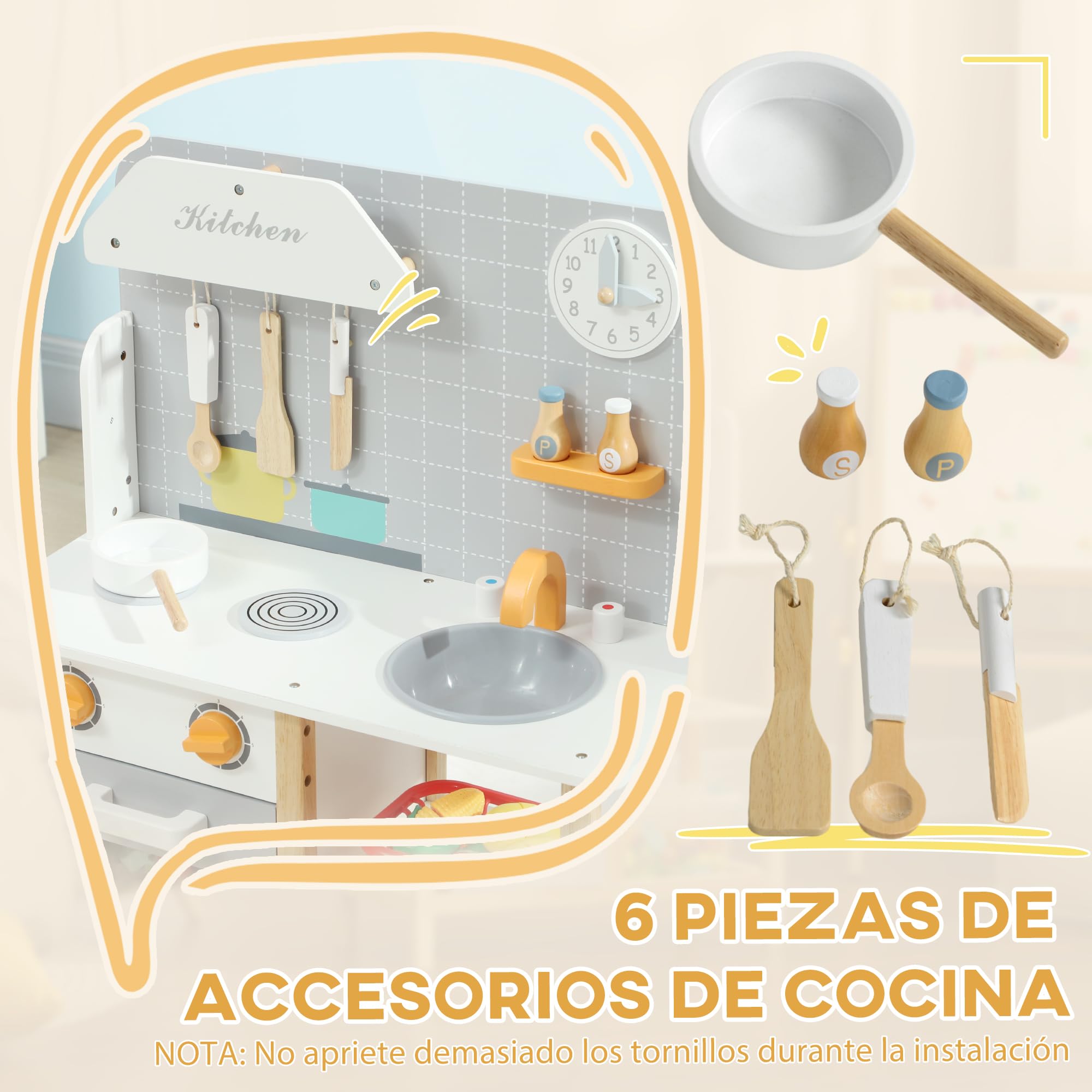 AIYAPLAY Cocina de Juguete con Sonido para Niños +3 Años 57x26x82 cm Gris | Cocinita Infantil, Cocinita de Madera Infantil, Fogón, Horno, Grifo, Fregadero, Accesorios de Cocina