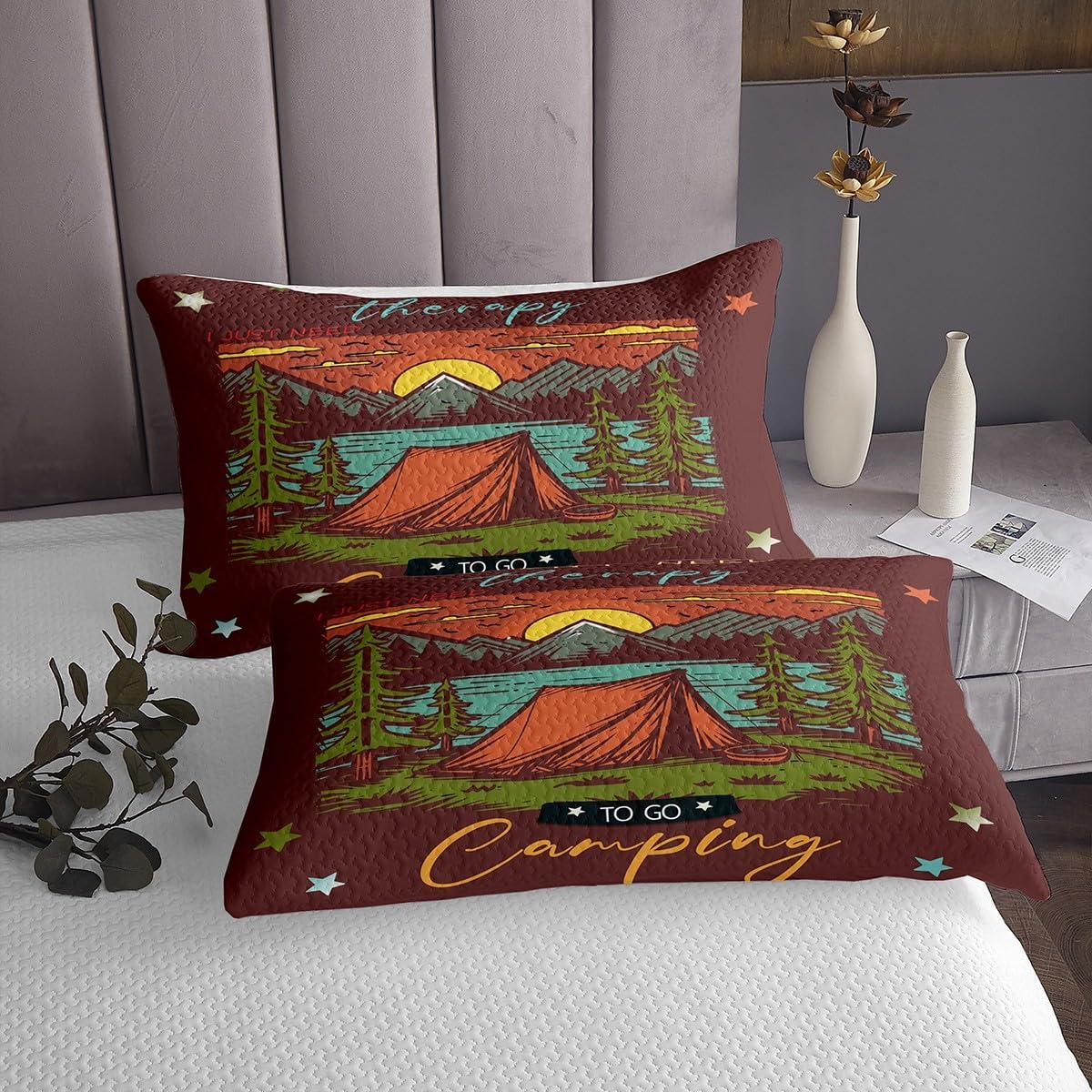 Erosebridal Camper Bedspread Set King for Travel Trailers,Tent Camping Quilt Bedding Set Vintage Adventure Home Decor,Mountain River Tree Quilts Sets Nature Landscape Coverlet Set 3Pcs