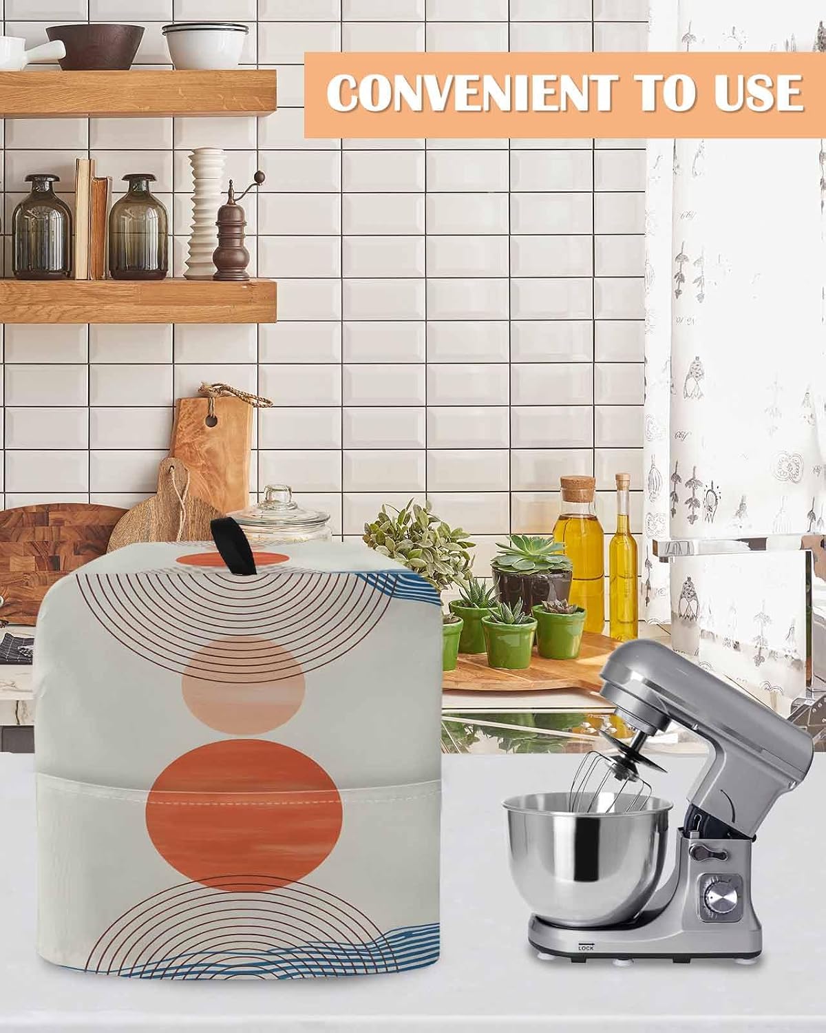 Boho Geometric Stand Mixer Cover with Storage Pocket, Waterproof Kitchen Mixer Covers, Modern Abstract Art Striped Circle Kitchen Appliance Dust Cover Compatible with 5-8 Quart Mixers