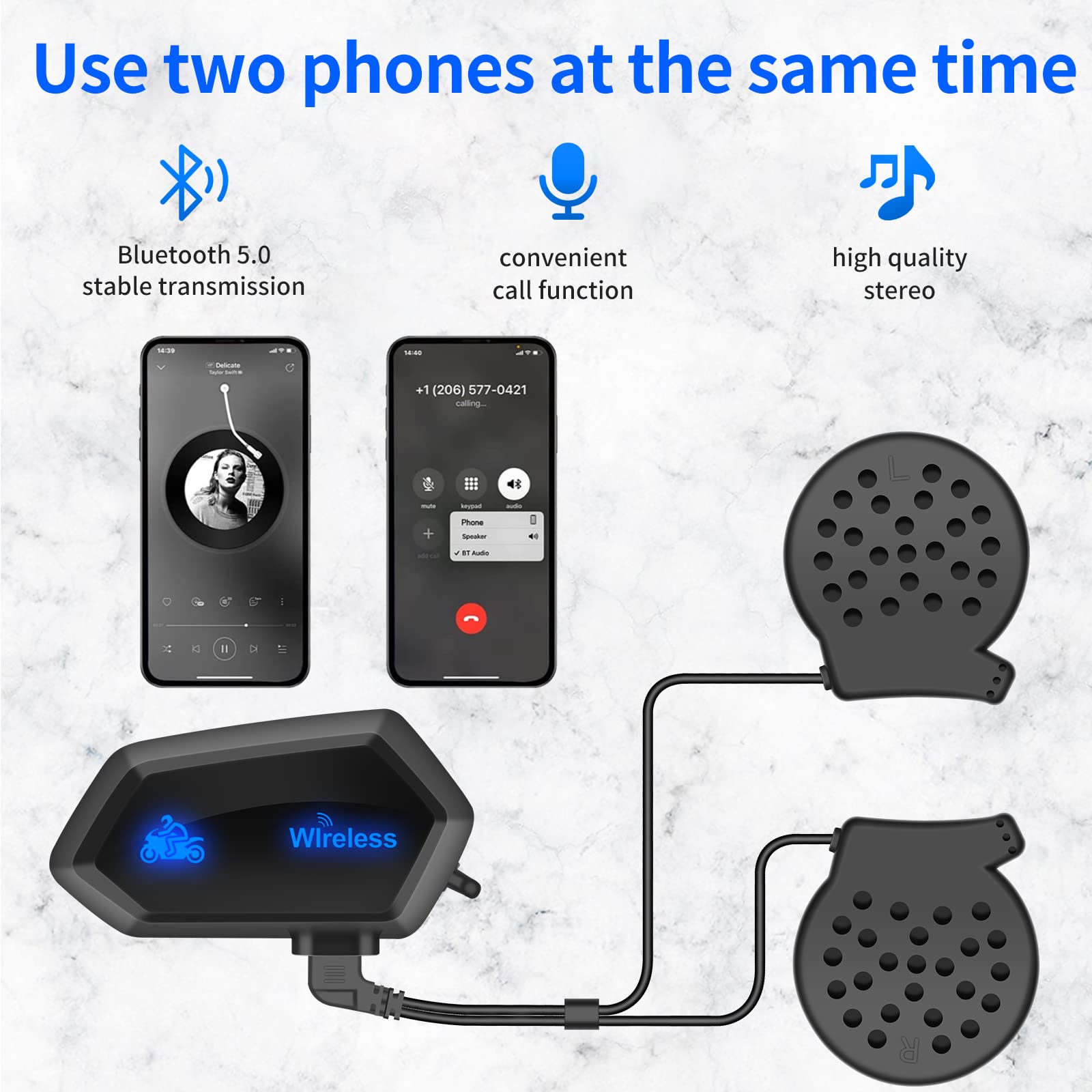 OBEST Casque de Moto Bluetooth 5.0 Sans Fil Étanche, Contrôle Musique, Mains Libres, Suppression du Bruit, Connecte 2 Téléphones, Appelle Siri, Pour Cyclisme, Ski, Course