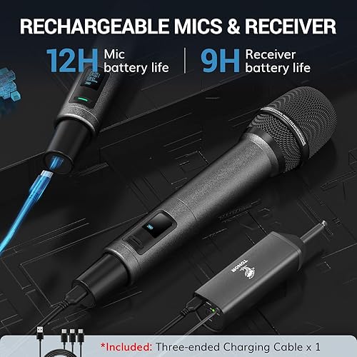 Miniatura 5 de TONOR Micrófonos inalámbricos, micrófonos de karaoke inalámbricos recargables UHF, microfonos dinámicos de 2 x 20 canales Inalambricos profesionales