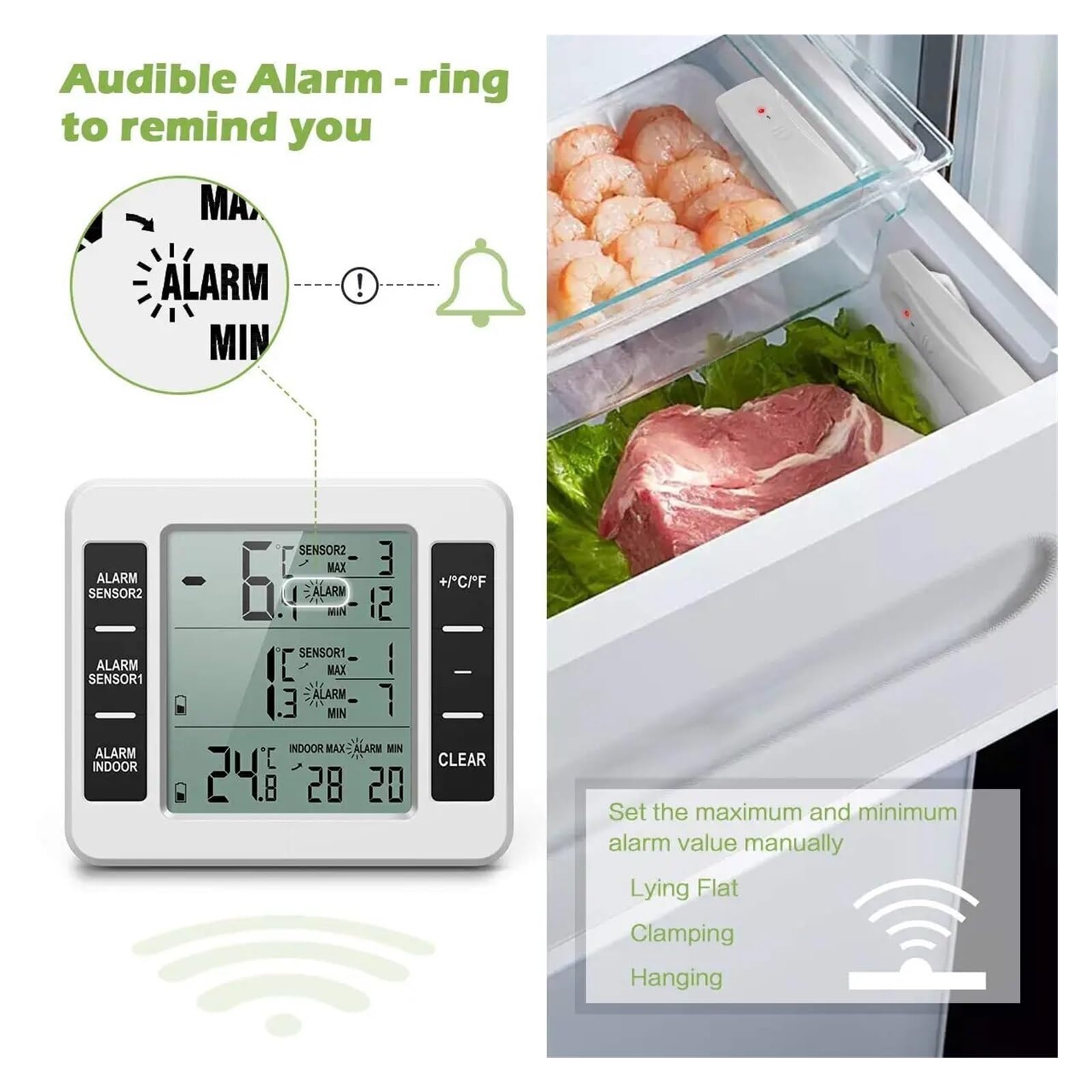 Thermomètre De Réfrigérateur LCD, Alarme Sonore Numérique, Compteur De Réfrigérateur Avec 2 Capteurs De Température, Affichage Min/Max, Intérieur Et Extérieur Moniteur Précis