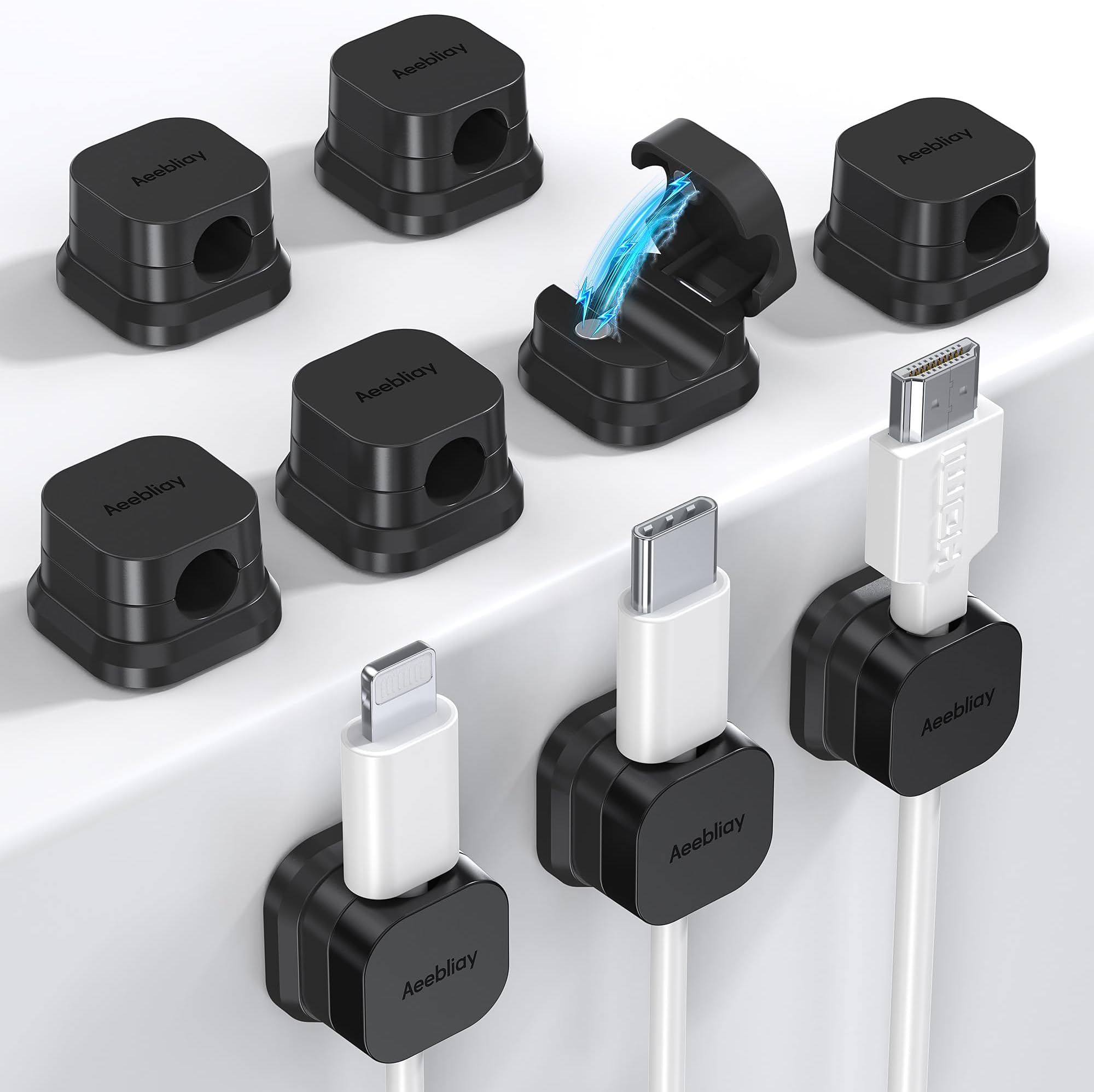 9 Pack Magnetic Cable Clips Cord Holder, Aeebliay Desk Cable Management Accessories, Adhesive USB Wire Holder Keeper Organizer for Home Office Desk Phone Car Wall Desktop Nightstand - Black