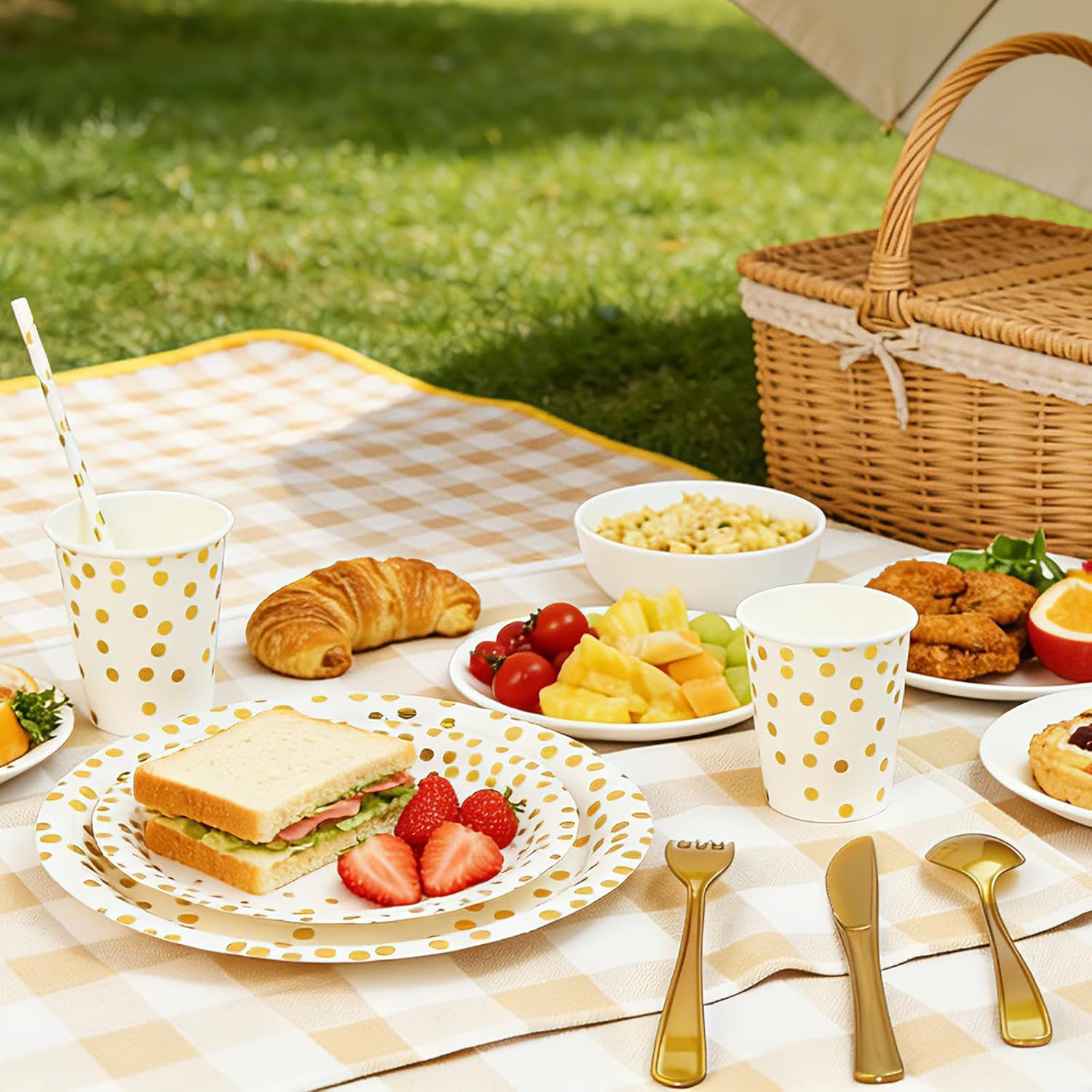 Party Supplies 201pcs White & Gold Plates and Napkins Sets - Disposable Dinnerware Sets for 25 Guests with Paper Plates Cups Straws Plastic Silverware 1 Tablecloth - Bridal Shower Birthday Wedding