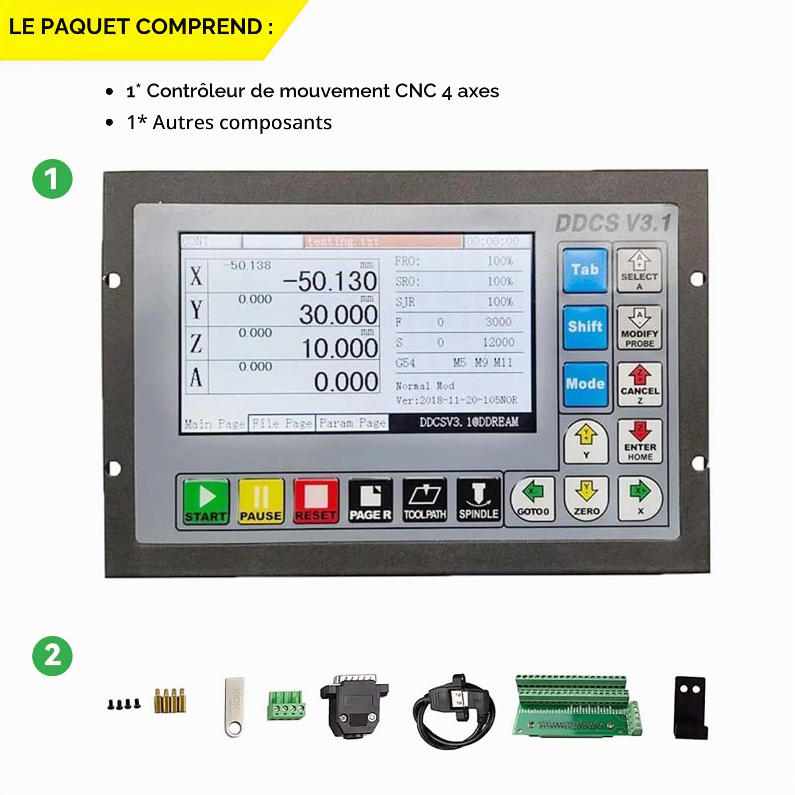 RATTMMOTOR Système de contrôle CNC 4 axes Mise à niveau DDCS V3.1, PLC CNC Système de contrôleur de mouvement hors ligne G Code TFT Écran lecture 24 V CC pour fraisage CNC