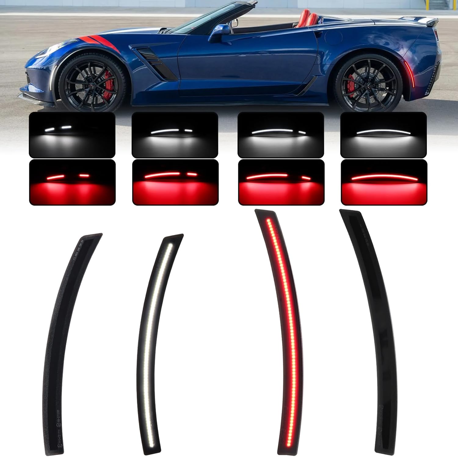 Dynamic White Red Front Rear Side Marker Lights Compatible With 2014-2019 Chevrolet Corvette C7/ Grand Sport/Stingray/ Z06/ ZR1, Side Bumper Turn Signal Lamps, Smoked Lens 4PCS
