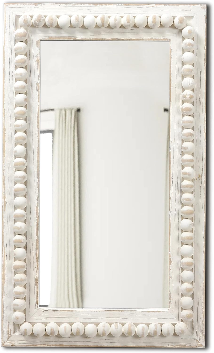 Farmhouse Mirrors for Wall Decor with Beaded Border 24 Inches, Hanging Distressed White Bathroom Mirrors for Vanity, Rustic Wood Framed Rectangular Wall Mirrors Decorative