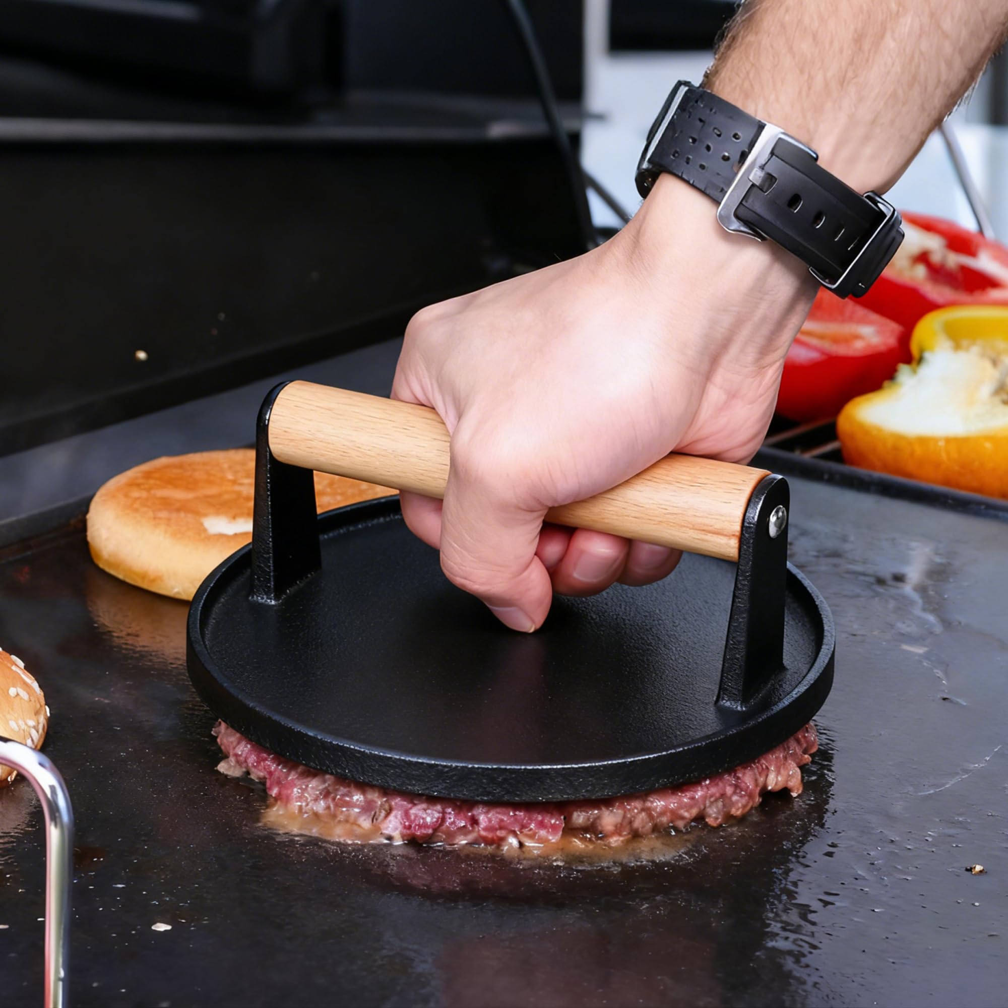 STYDDI 2-Pieces Heavy-Duty Cast Iron Burger Press with Wooden Handle, Gill Press for Smash Steaks, Bacons and Paninis, Ideal for BBQ, Pan and Flat-top Griddle, 7" Round & 8.27"x4.21" Rectangle — view 2