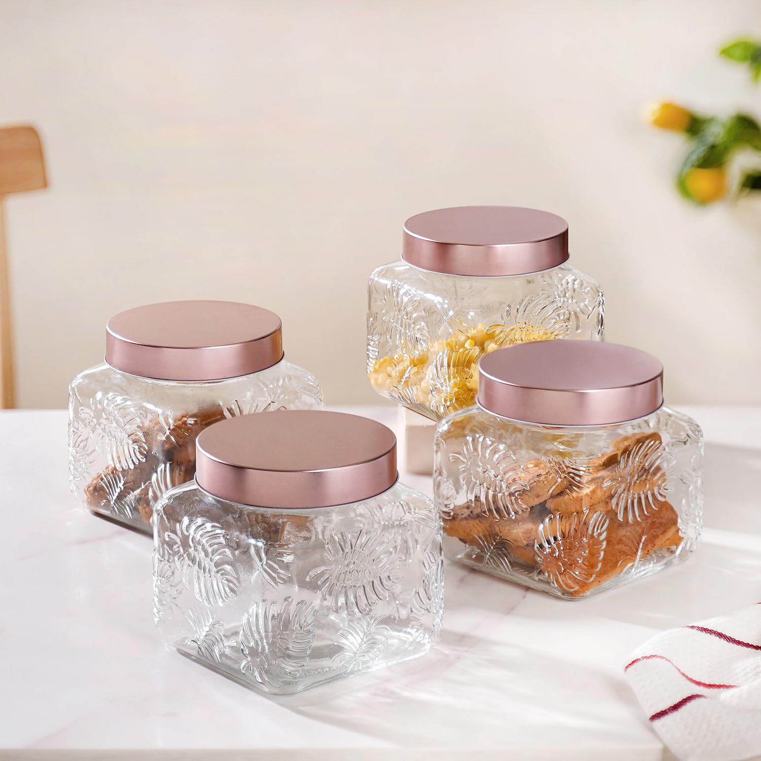 Nestasia Glass Jars & Containers for Kitchen Storage | Leaf Textured Transparent Jars with Airtight Lids | Perfect for Pantry, Snacks, Masala, Pickles, Pulses, Coffee Beans (Set of 4, 1500ml Each) (B0D5Y6ZS9X) Amazon Price History, Amazon Price Tracker
