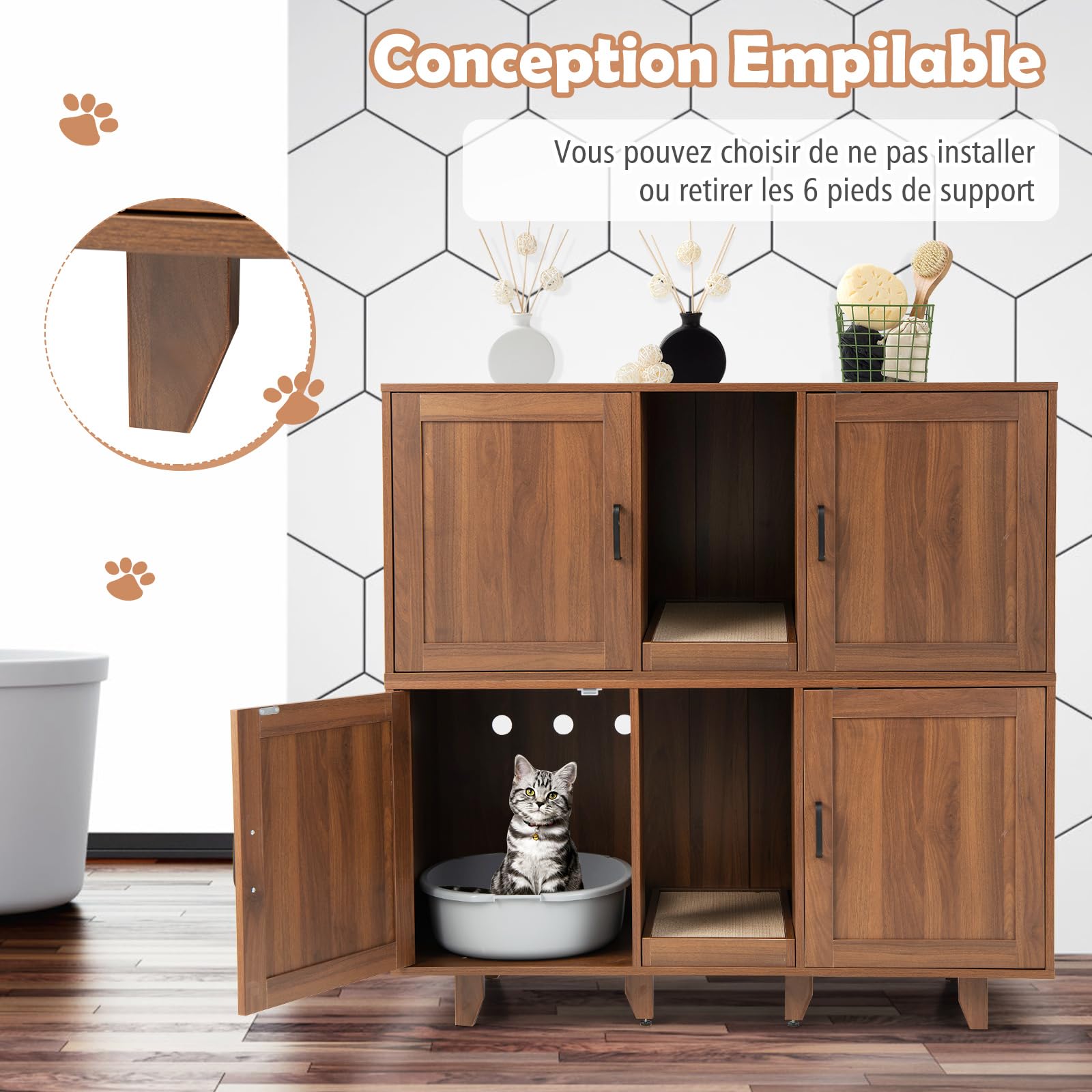 COSTWAY Meuble Litiere Chat en Bois, Cache Litiere Chat Double Porte 3 en 1, Planche à Griffer, 6 Pieds Surélevés Amovibles, 6 Passe-Câble, Maison de Toilette Chaton, 120 × 52 × 65 CM, Brun