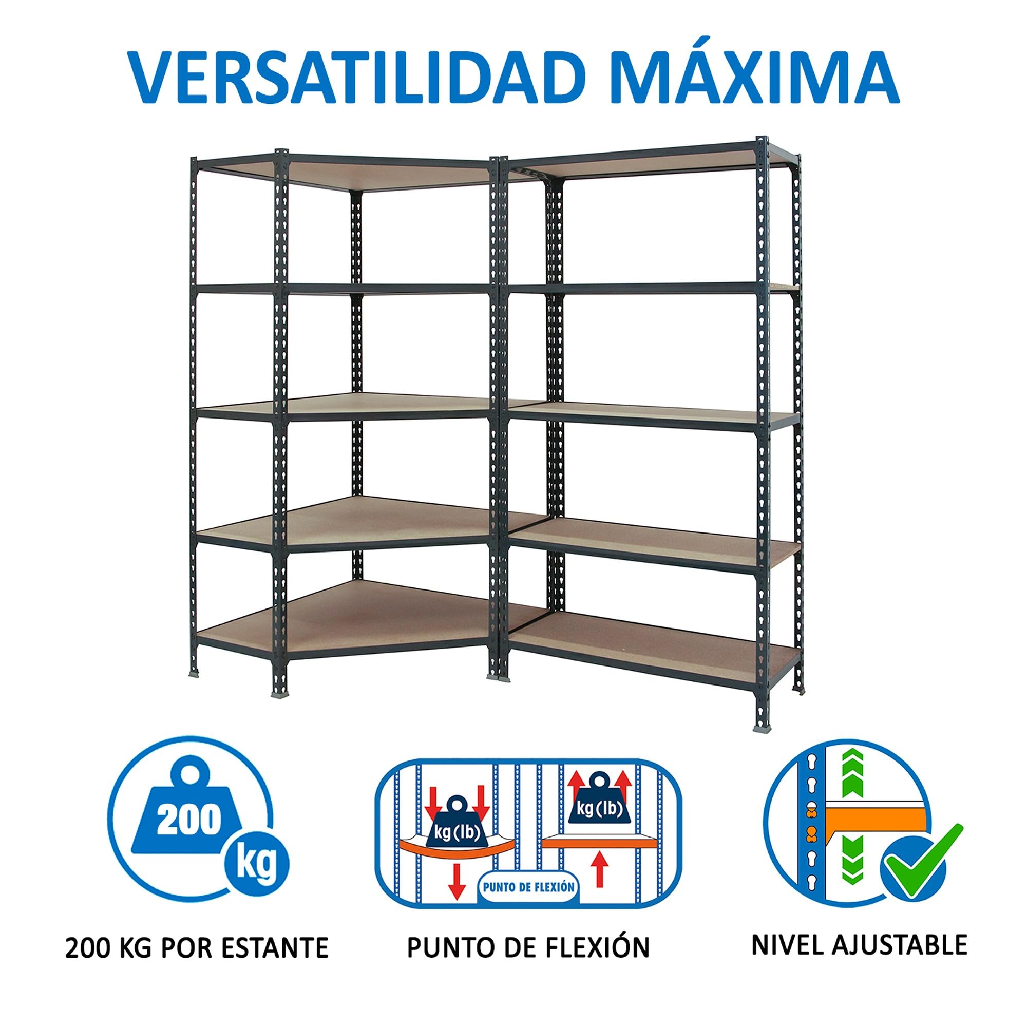 Simon Rack Estanteria Esquina Metalica, 1800x1800x500 mm, 5 Baldas Madera, 200 kg de Punto Flexión, Estanterías Almacenaje, 1 Módulo Extra, Antracita/Madera - Maderclick Corner