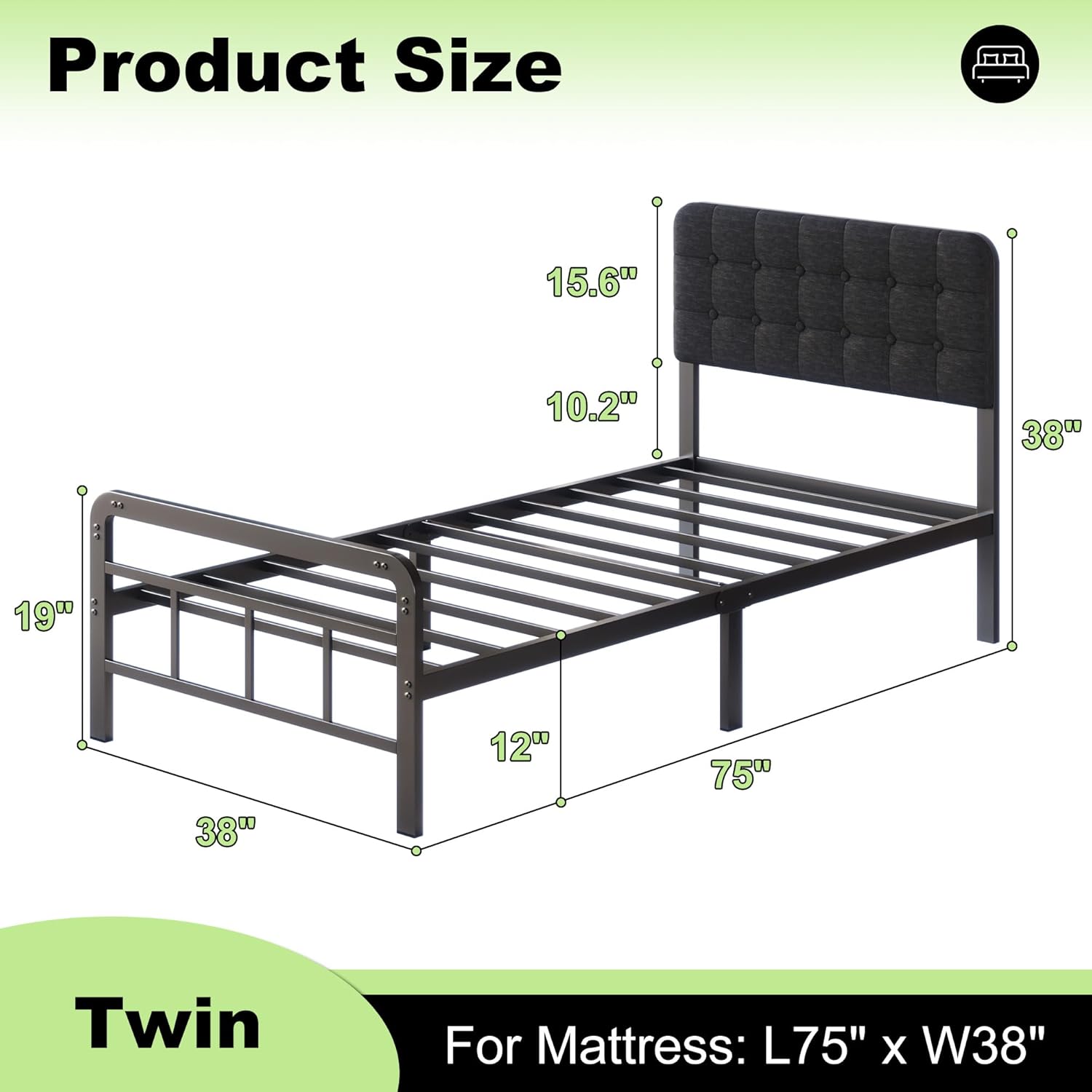 12 Inch Twin Bed Frames with Headboard and Footboard, Twin Platform Bed Frame with Fabric Button Tufted Upholstered Headboard and Metal Footboard, Noise Free, No Box Spring Needed, Black