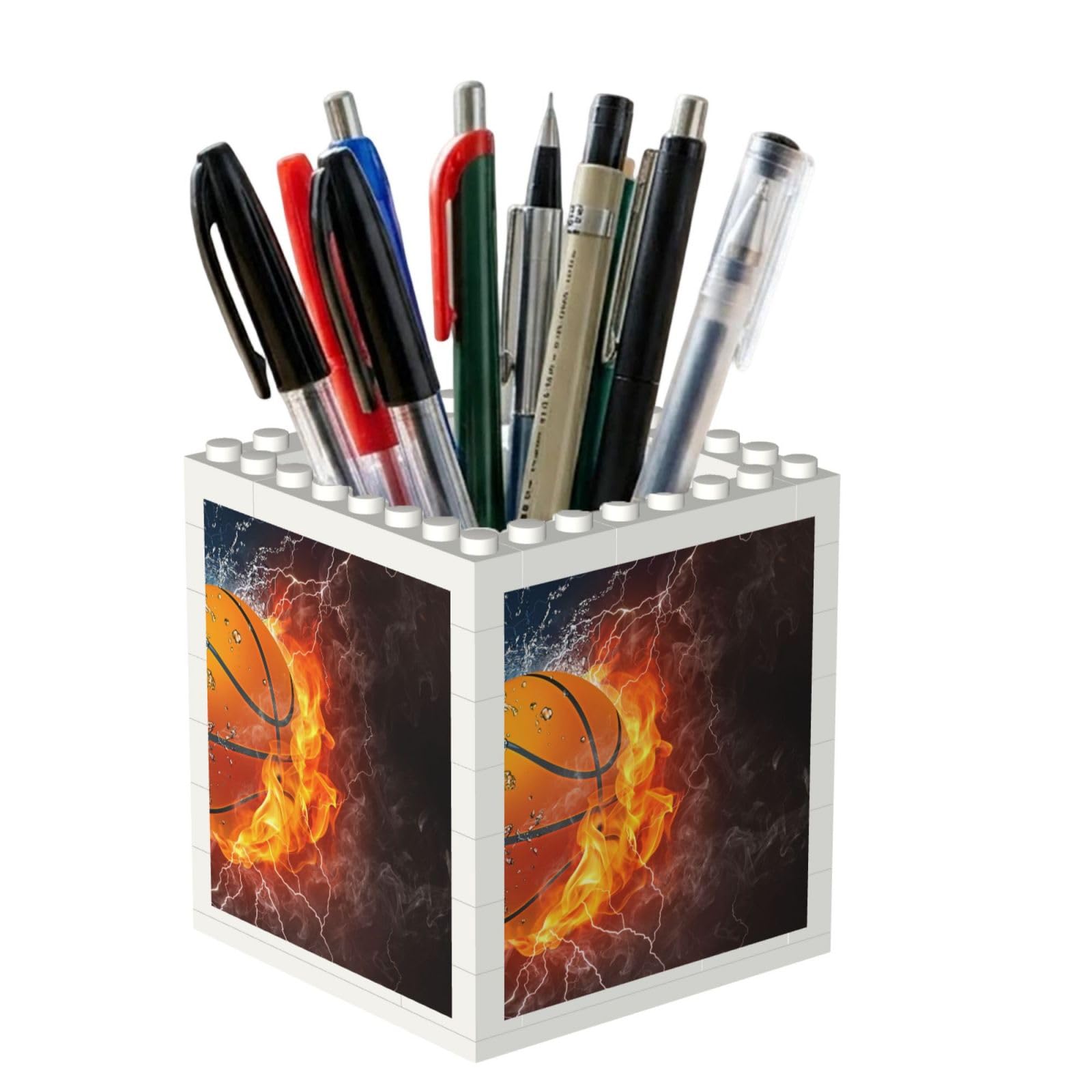 Poadnly Basketball Ball On Fire And Water, Pen Pot Pencil Holder for Office Home School, Compact Desk Organiser for Office Stationery
