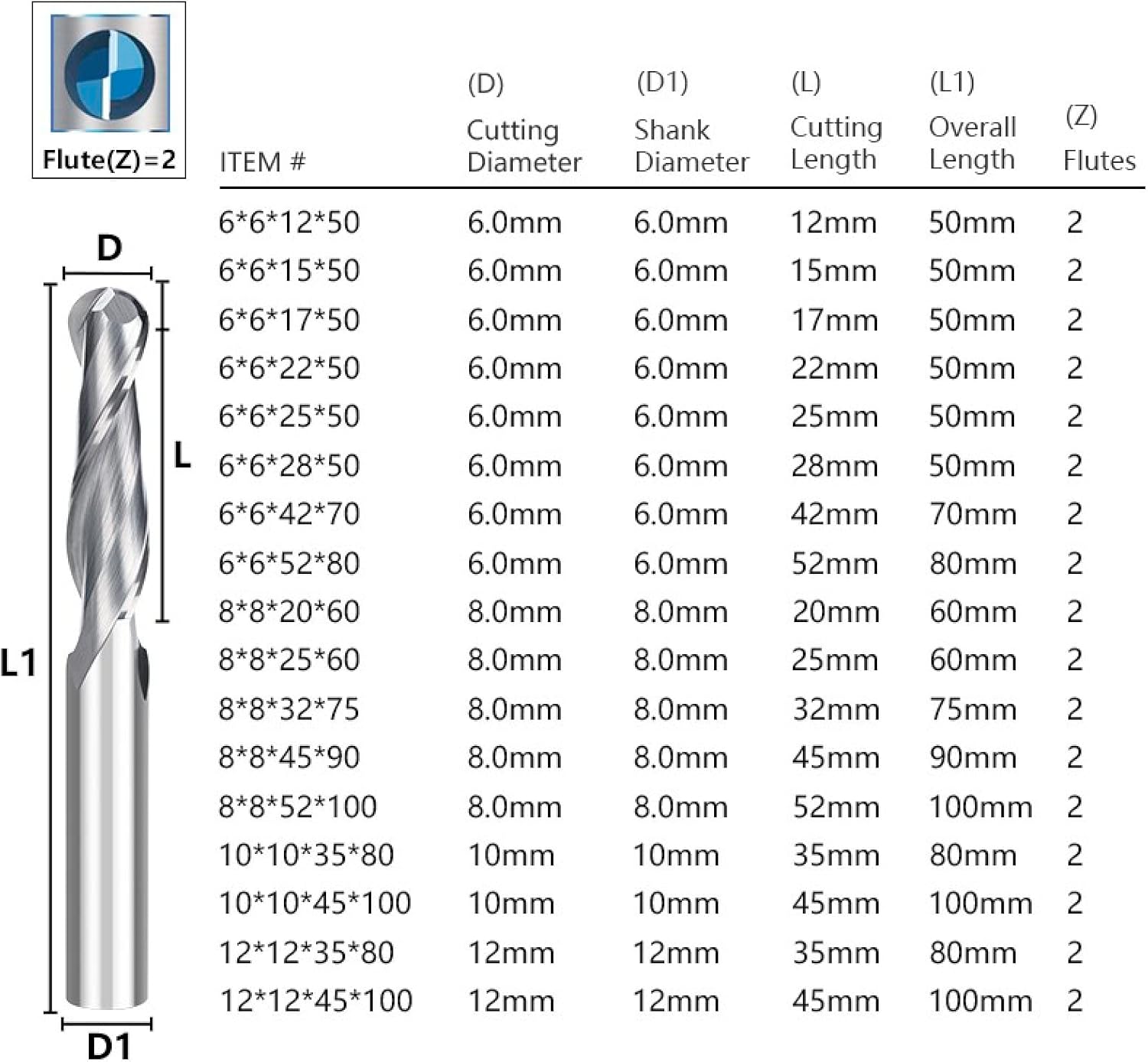 2 Flute Ball Nose End Mill CNC Router Bit Carbide End Mill Spiral Milling Cutter,8x20x60mm