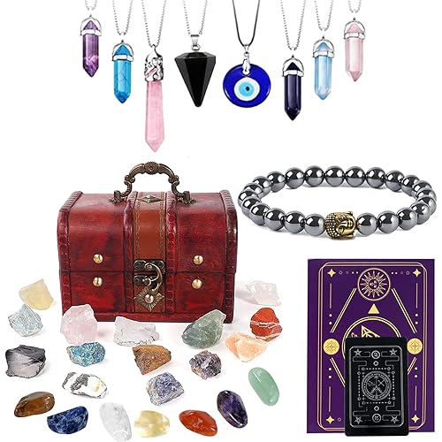 30Pcs Crystals and Healing Stones Set Include 14pcs Healing Chakra Stones 8pcs Spiritual Crystal Necklace 7 Chakra Crystal Raw Stone Gift Wooden Box for Meditation, Yoga, Collection