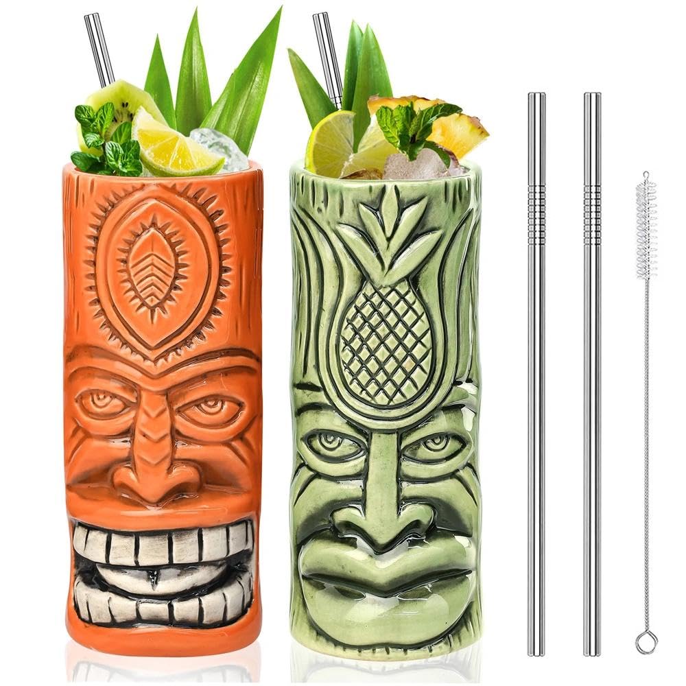 SuproBarware Cocktail Mugs Set of 2 - Ceramic Tiki Cups, Cute Exotic Cocktail Glasses with Straws for Cocktails and Tiki Bar