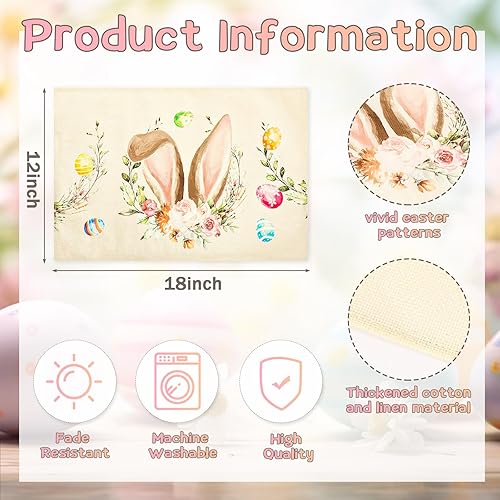 Miniatura 7 de AUGSUN Juego de 4 manteles individuales de Pascua, 12 x 18 pulgadas, decoración de Pascua, conejo, flor, huevo, primavera, para cocina, comedor,