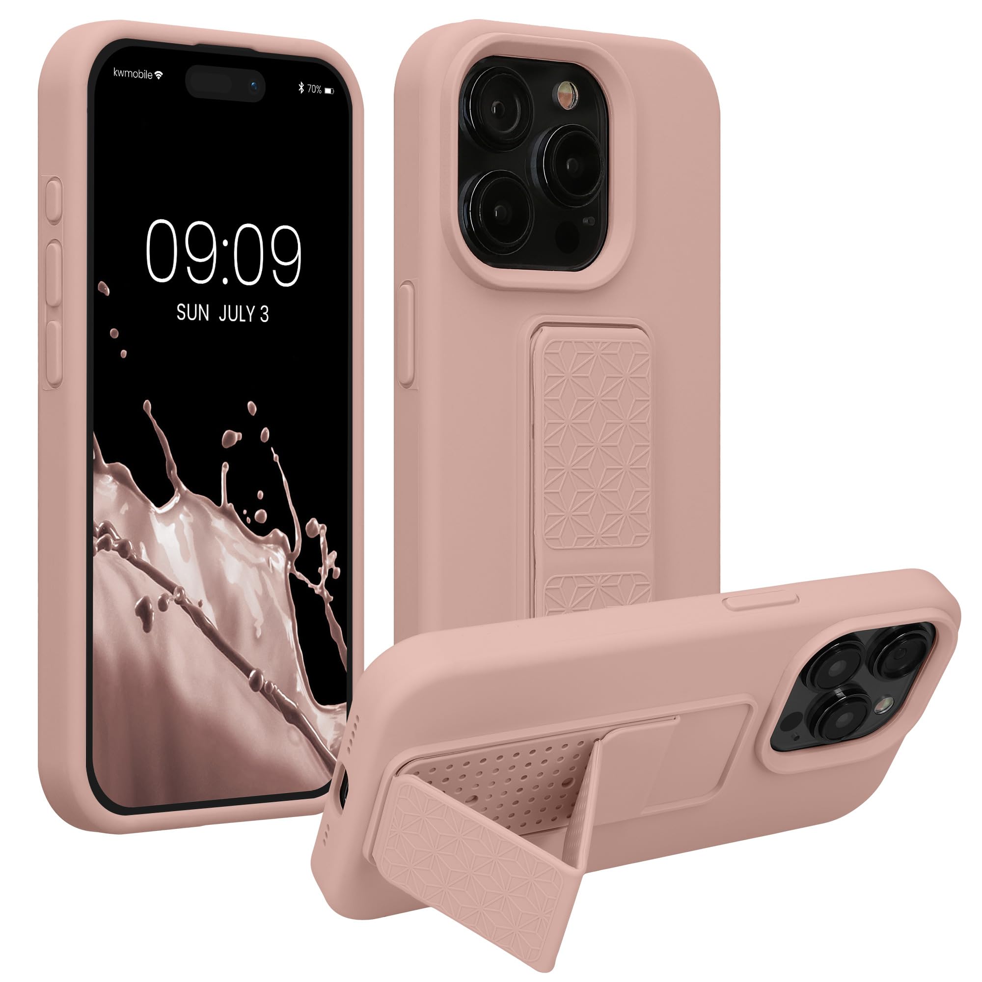 kwmobile Case Compatible with iPhone 15 Pro Max - Case with Hand Strap and Stand Soft TPU Silicone Coating - Dusty Pink