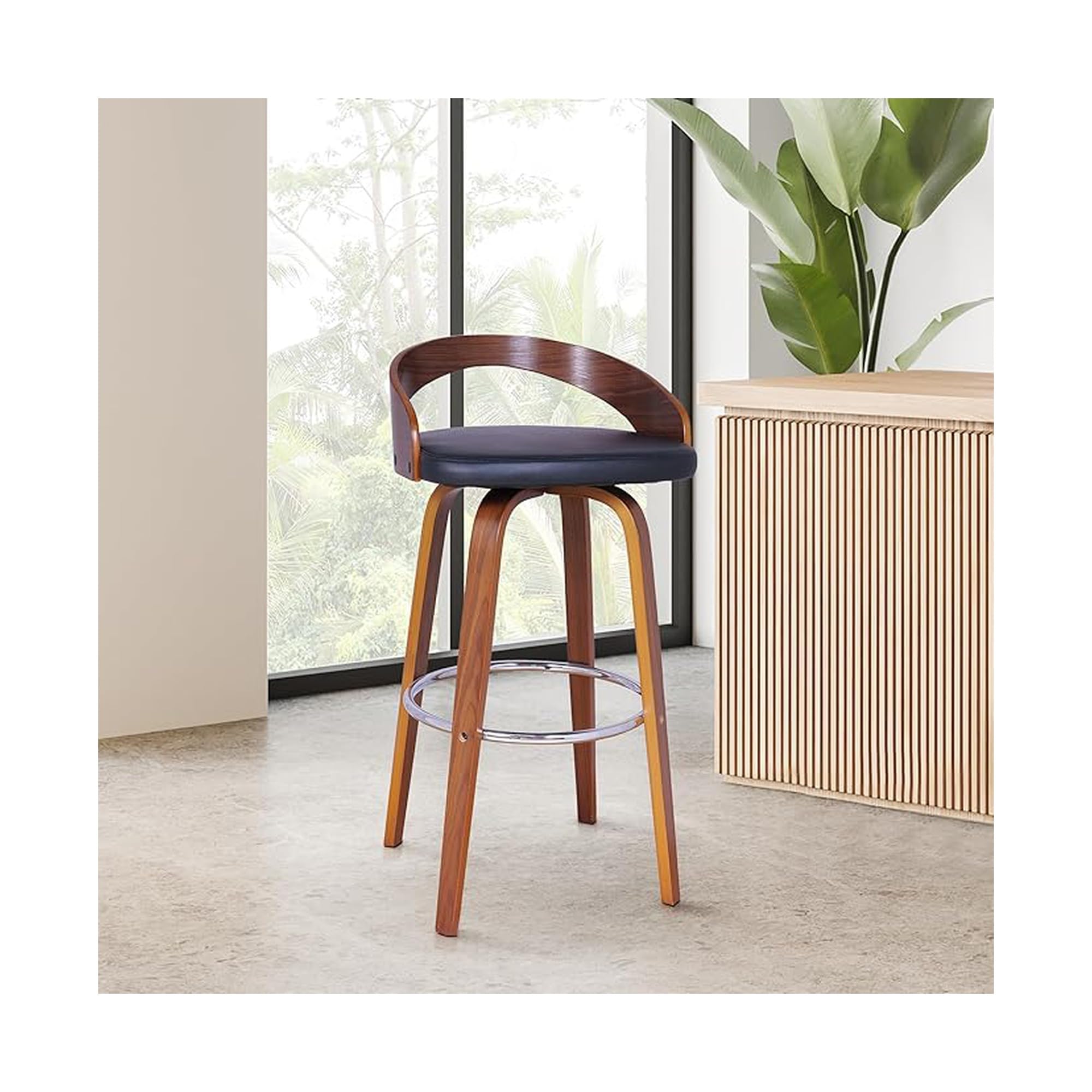 ANK Wooden Bar Stool with Cushion Seat & Curved Backrest | Walnut Finish with Metal Footrest | Brown | Pack of 1-image-13