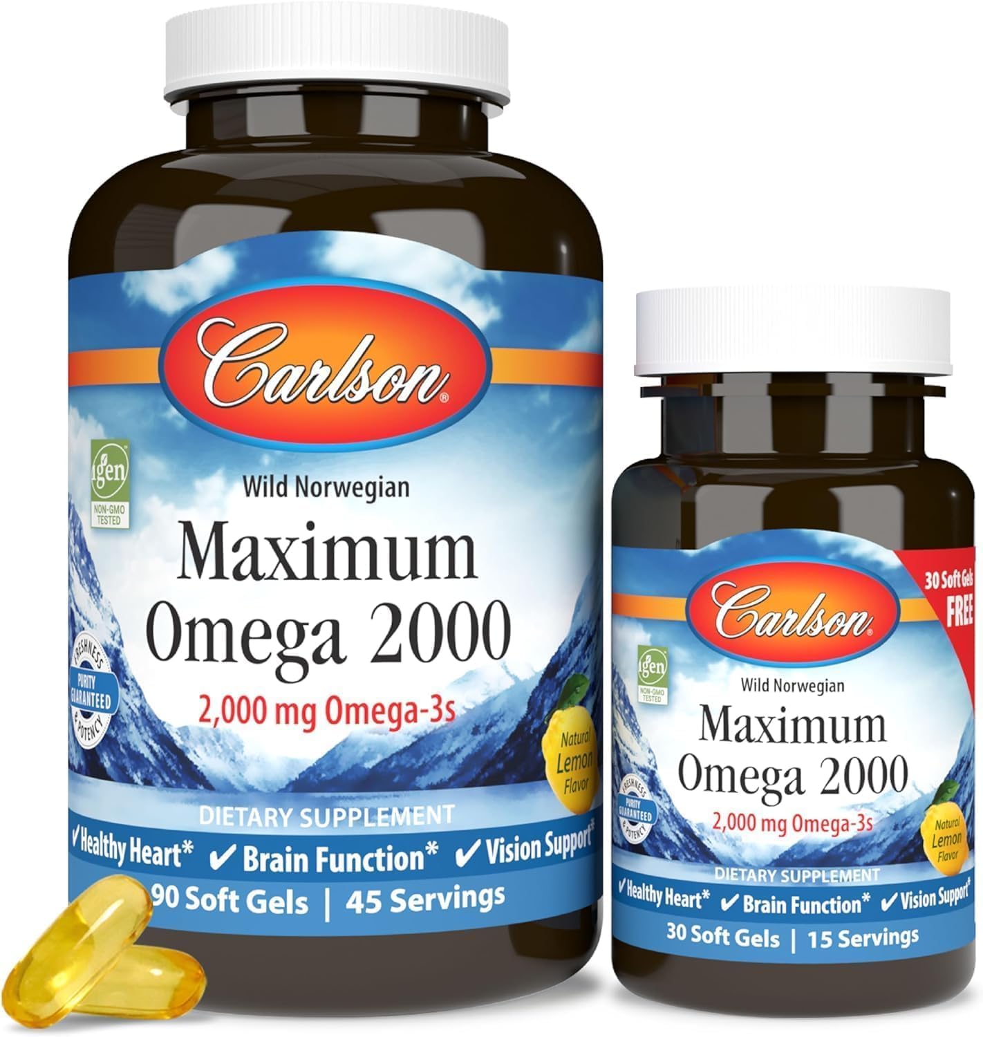 Maximum Omega 2000, Omega-3 Fatty Acids Including EPA and DHA, Wild-Caught, Norwegian Fish Oil Supplement, Fish Oil Capsules, Lemon, 90+30 Softgels