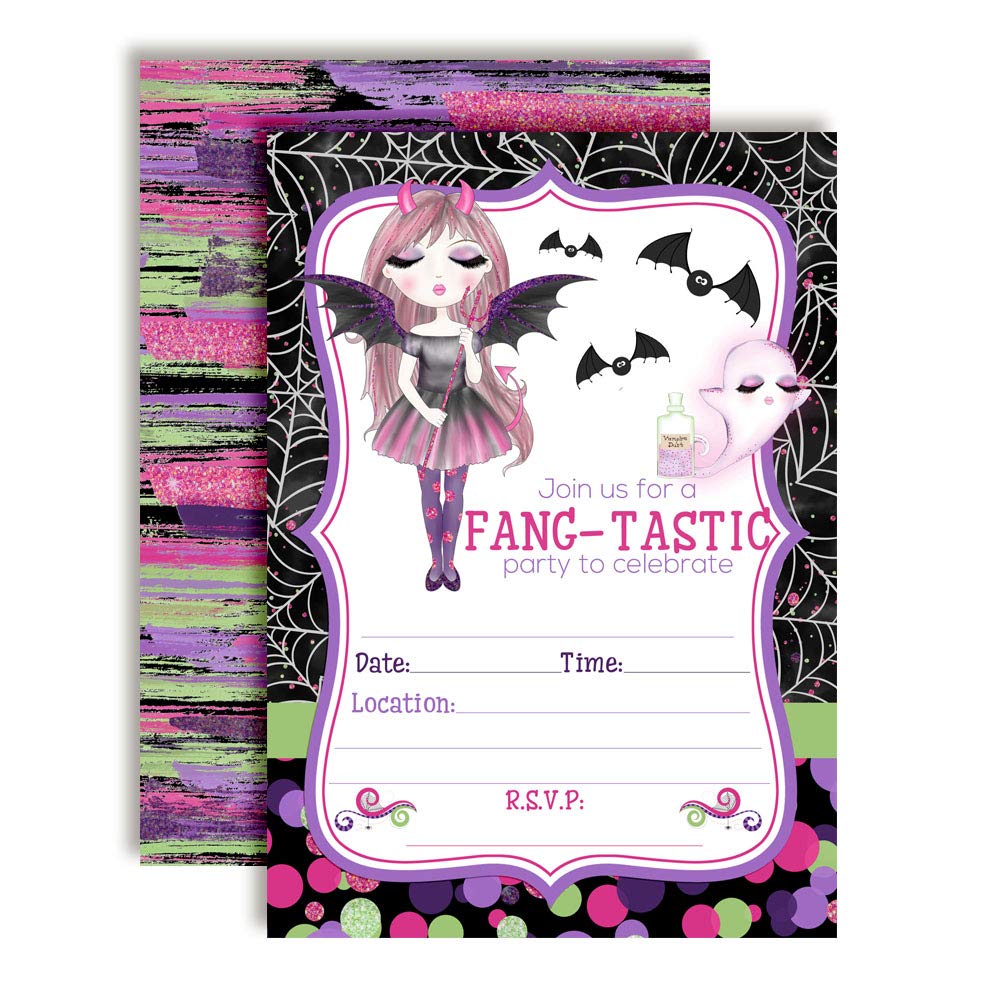 Fang-tastic Vampire Girl Halloween Birthday Party Invitations, 20 5x7 Fill In Cards with Twenty White Envelopes by AmandaCreation