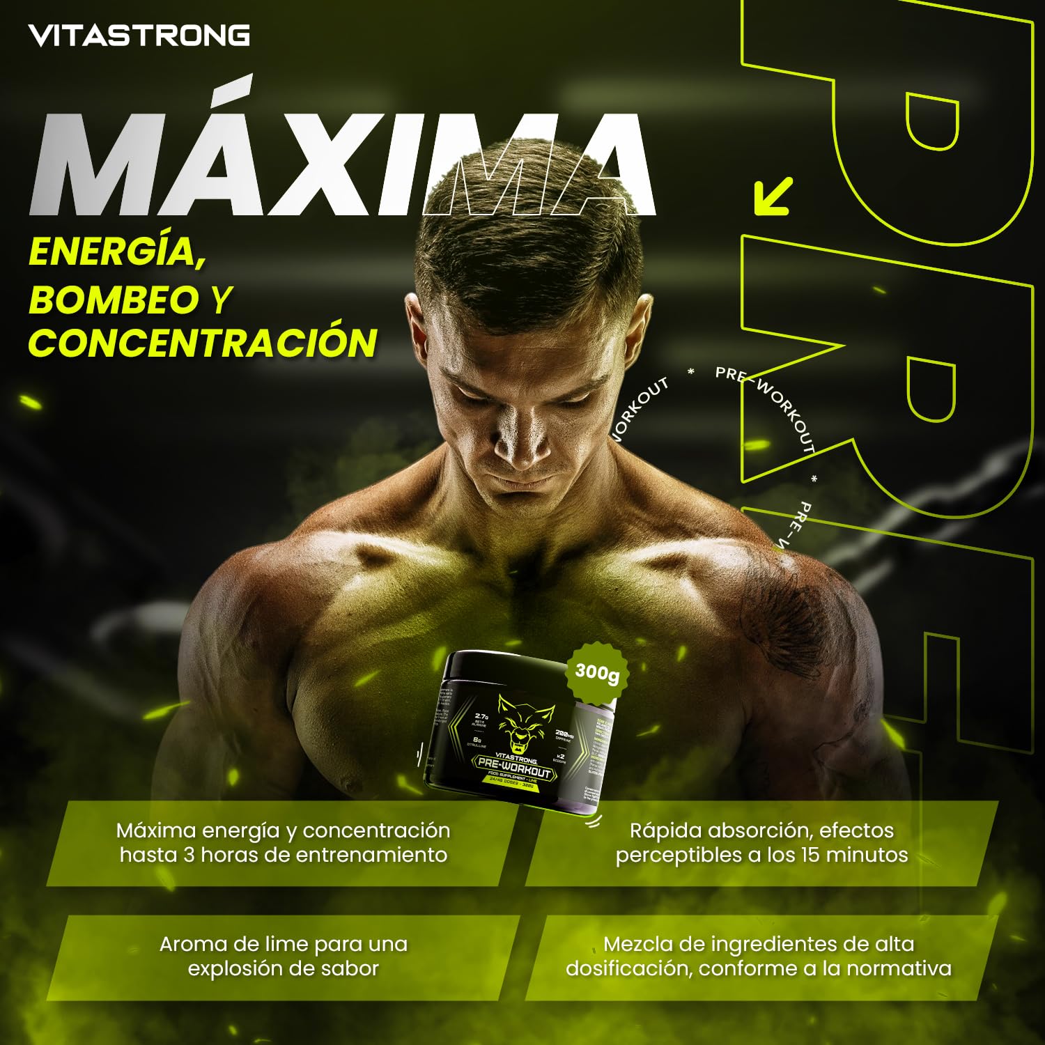 Vitastrong Pre Entreno Fuerte Vegano Sabor Lima 300g con Vitamina B12